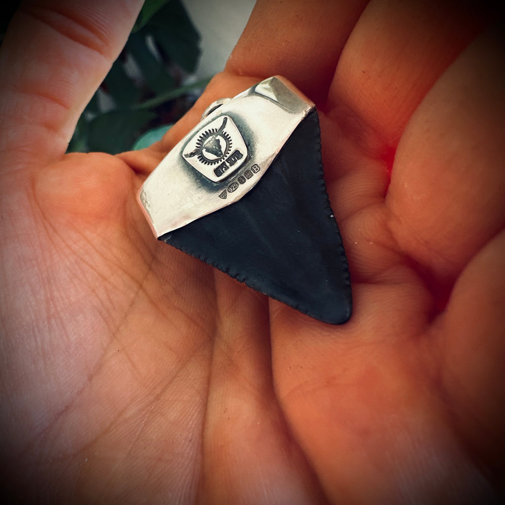 Sterling silver hallmarked fossil shark tooth pendant with turquoise
