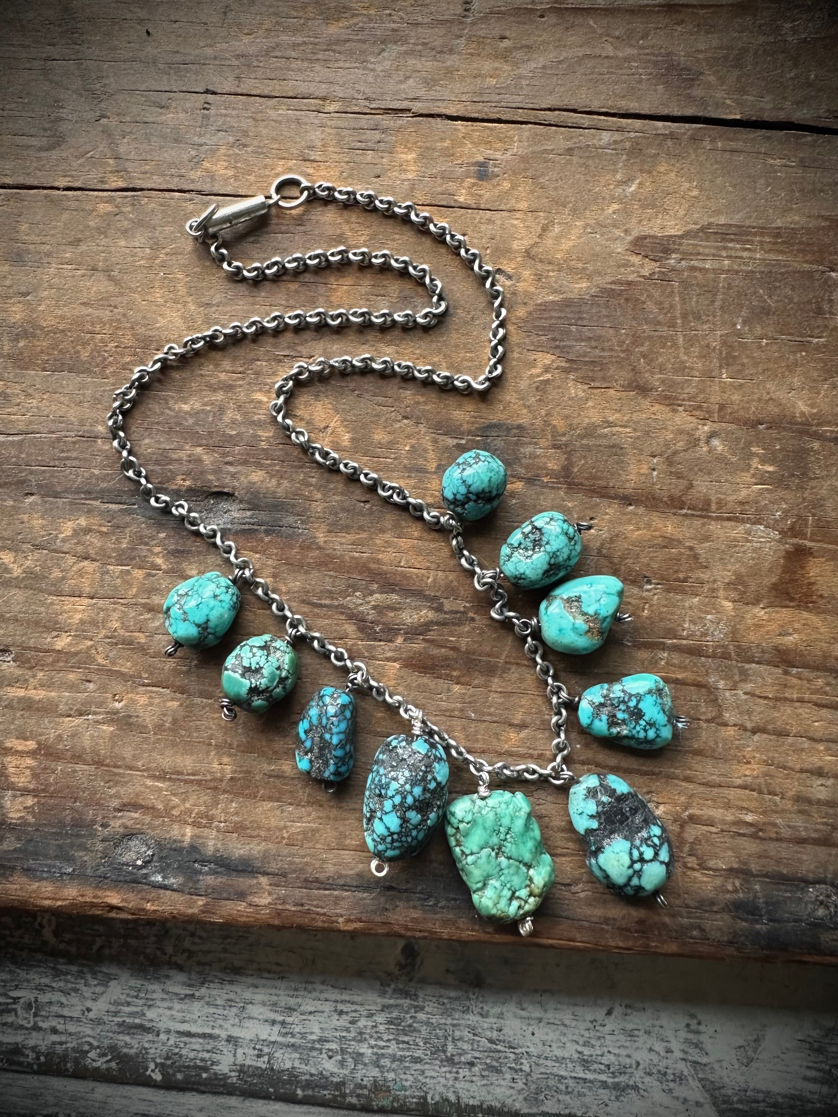 15” Vintage turquoise bead necklace with barrel clasp and sterling silver chain