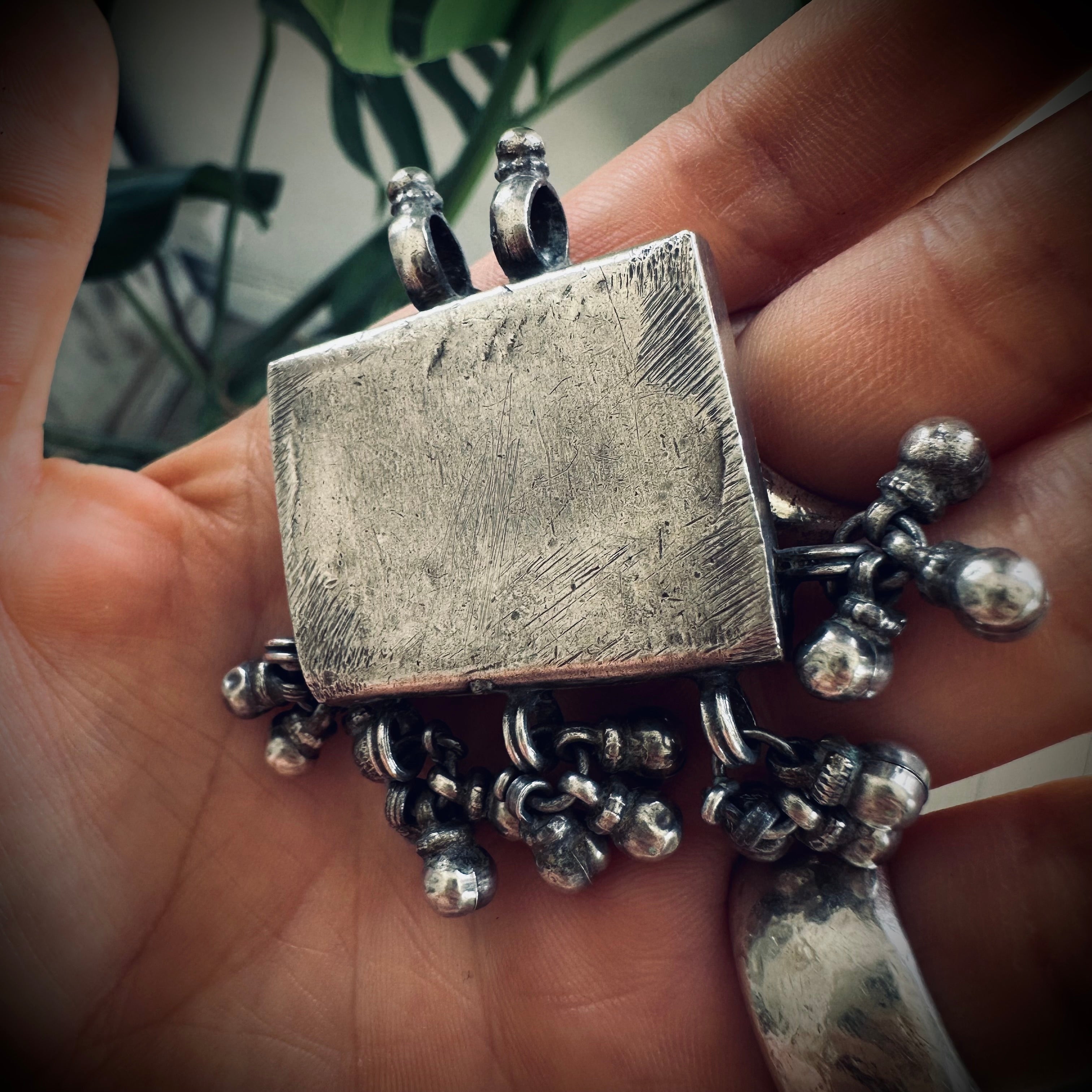 Large heavy vintage Indian spiritual talisman pendant in sterling silver
