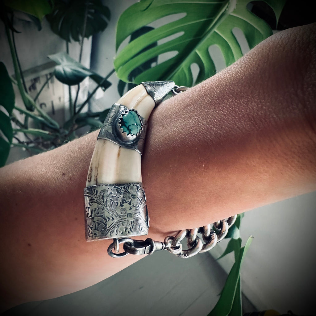 8”” reworked vintage tusk bracelet in hallmarked engraved sterling silver with turquoise