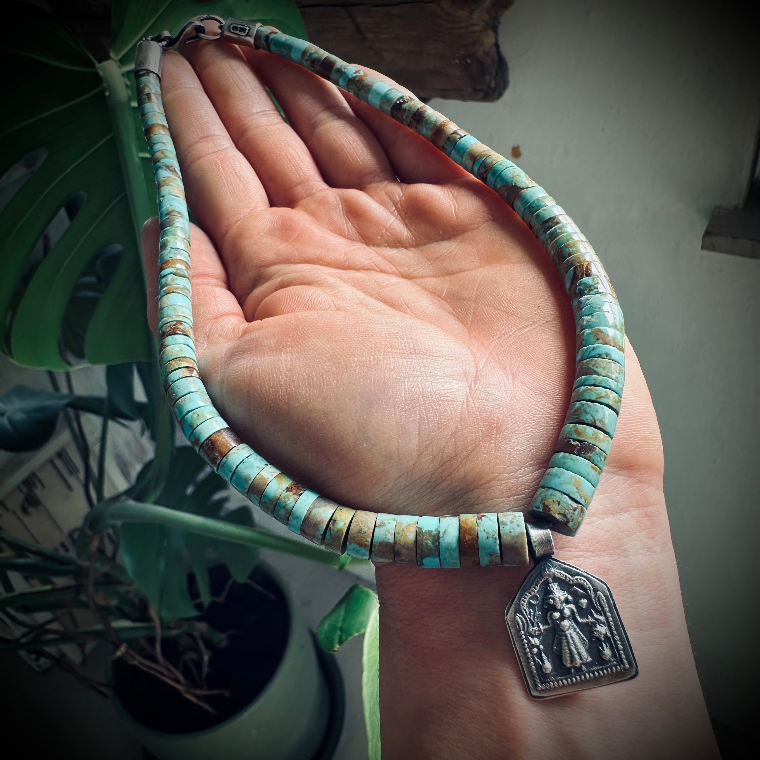 15” reworked chunky turquoise bead necklace with spiritual talisman in sterling silver