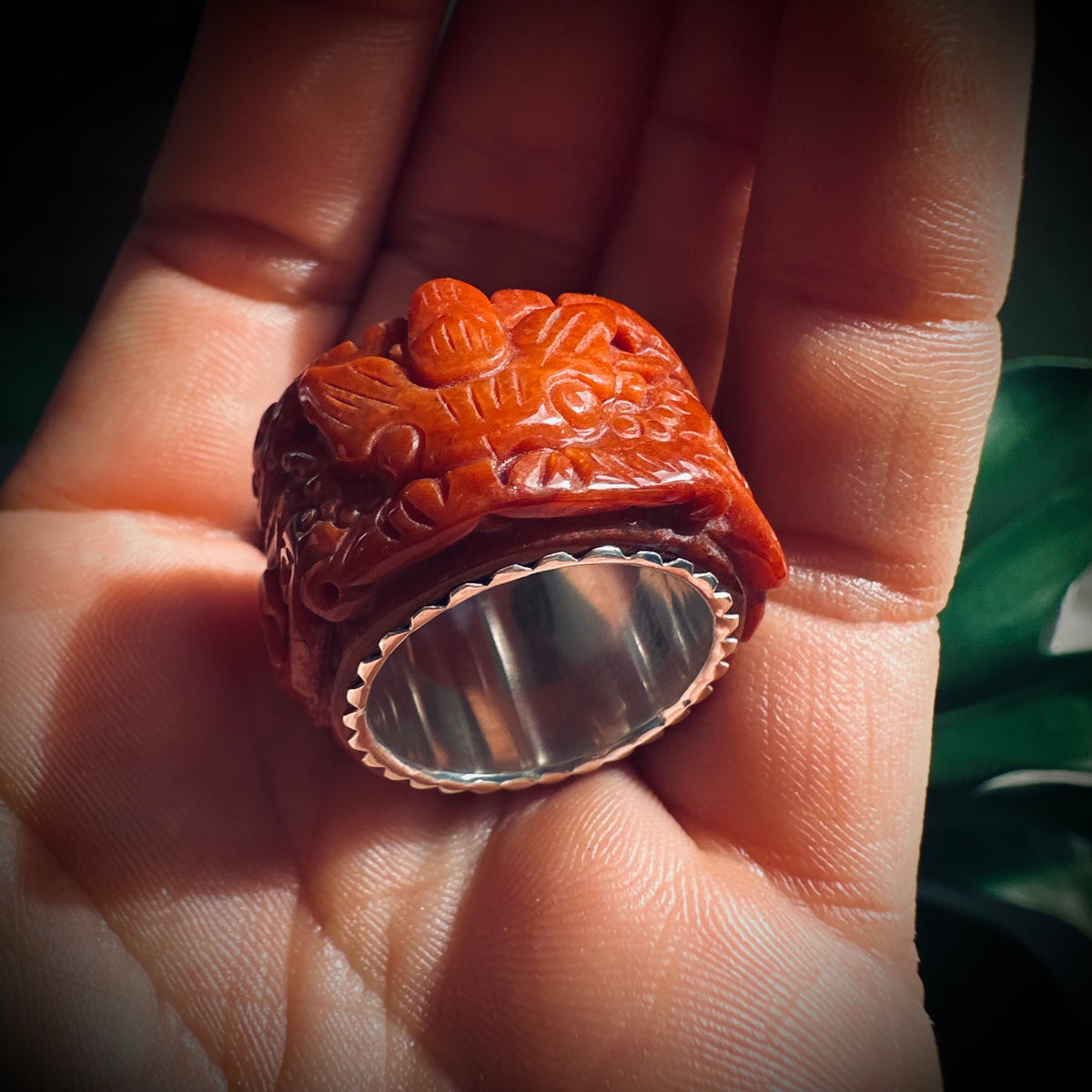Size 7 (UK an1/2) vintage carved red jade and sterling silver ring