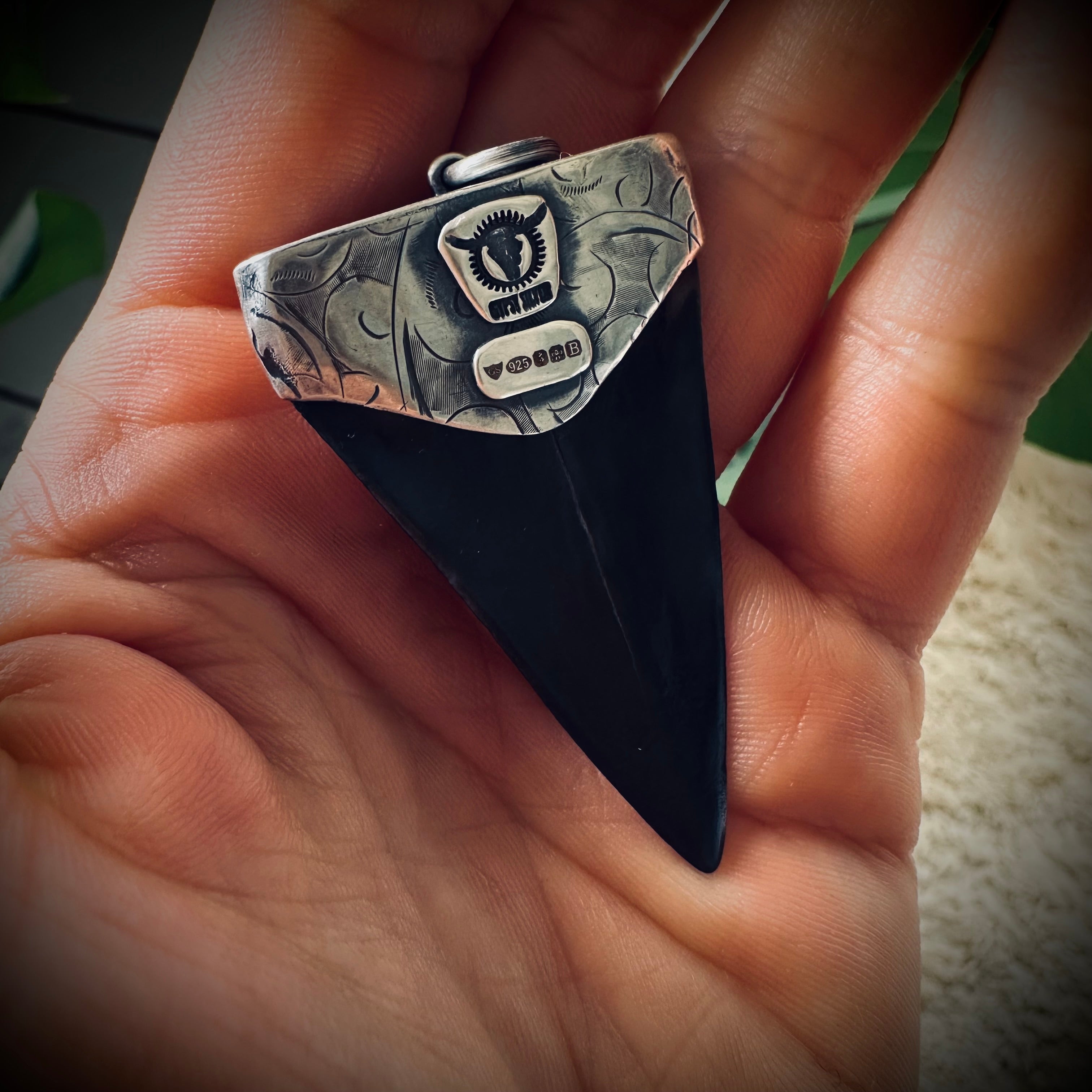 Fossilised shark tooth pendant in engraved hallmarked sterling silver