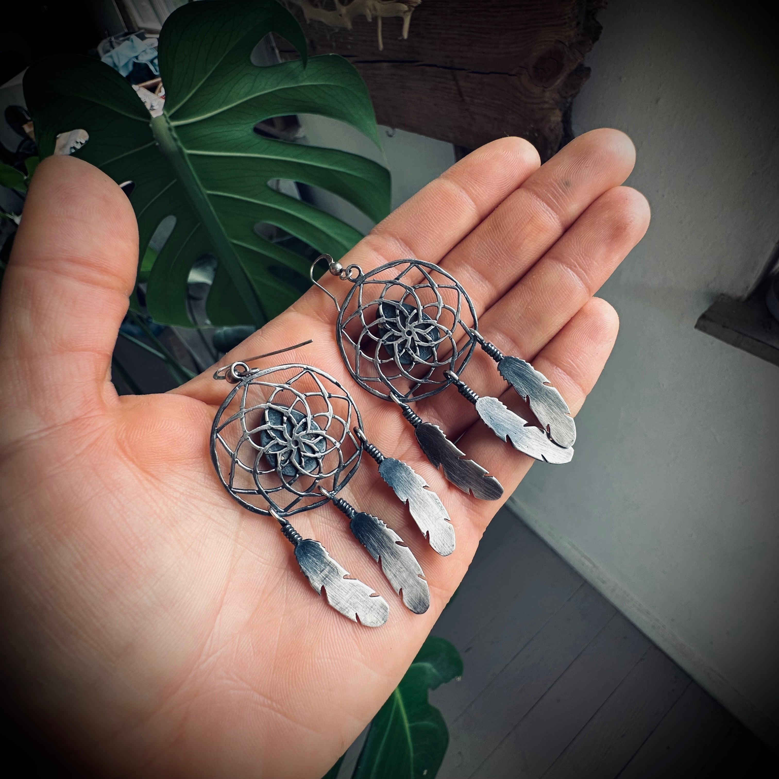 Vintage large statement dreamcatcher feather earrings with turquoise in sterling silver