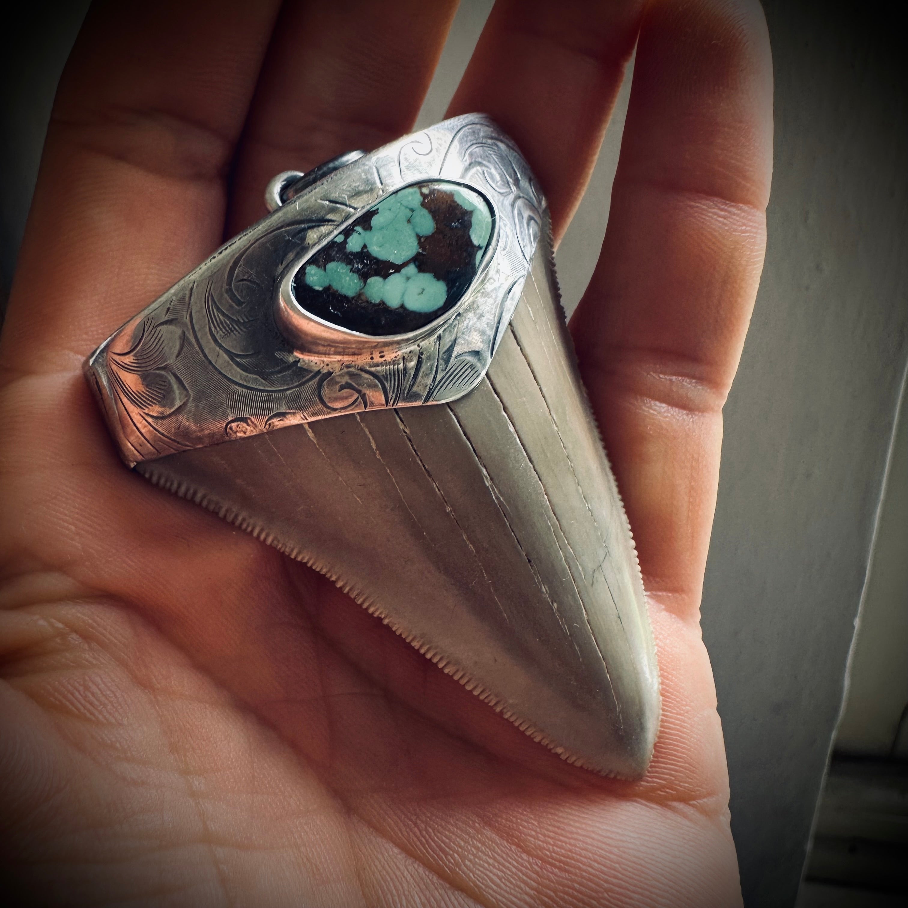 Fossilised shark tooth pendant in engraved hallmarked sterling silver