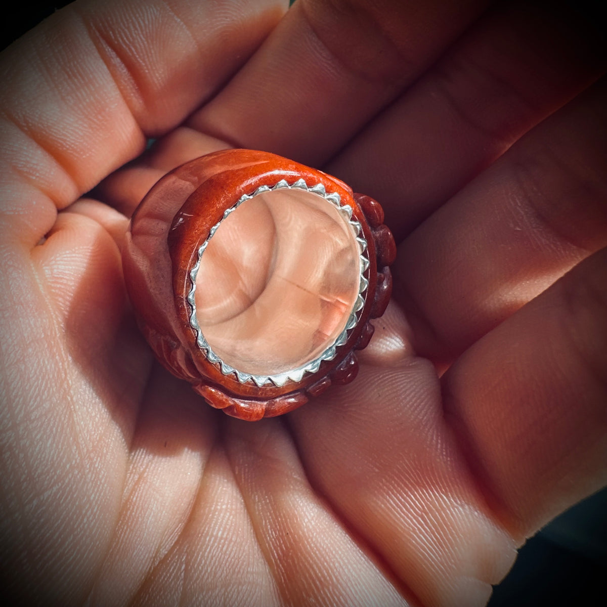 Size 7 (UK an1/2) vintage carved red jade and sterling silver ring