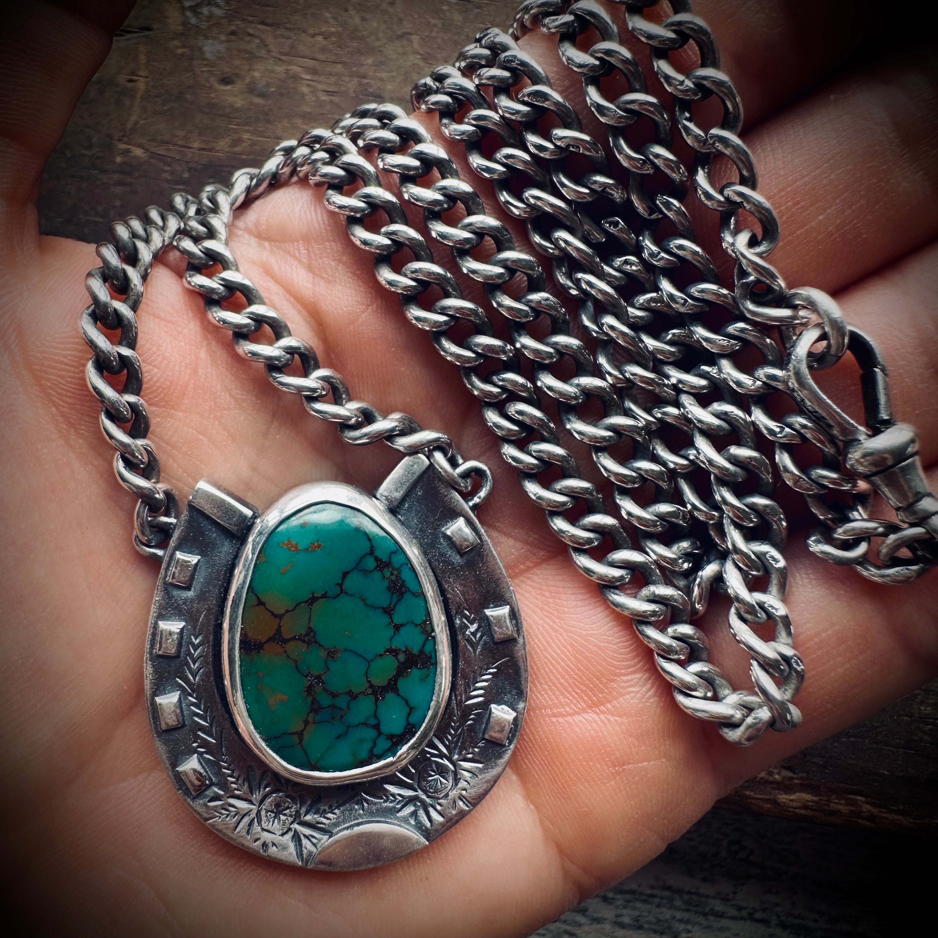 Sterling silver hallmarked lucky horseshoe necklace with turquoise and 24” antique heavy chain