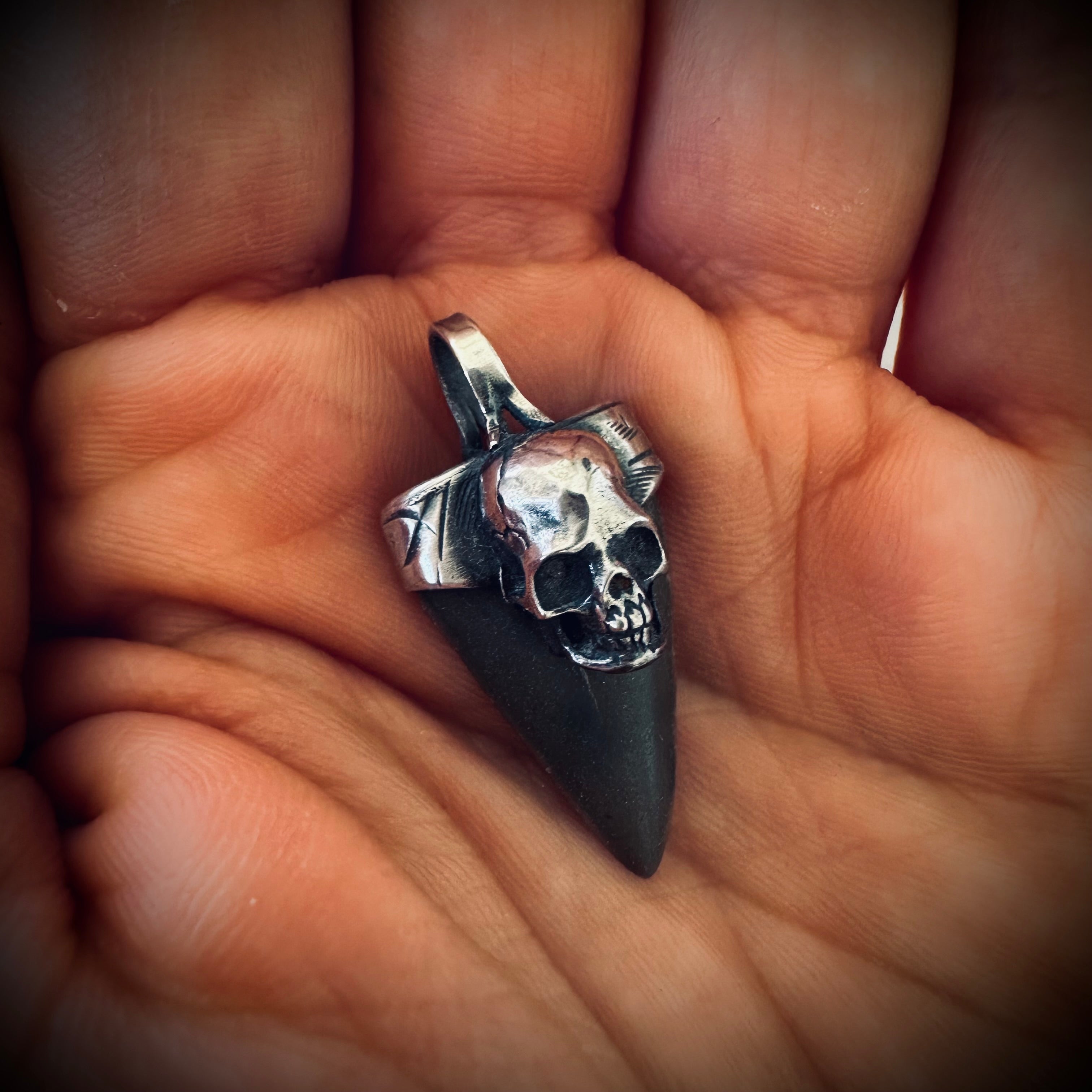 Sterling silver hallmarked fossil shark tooth pendant with skull