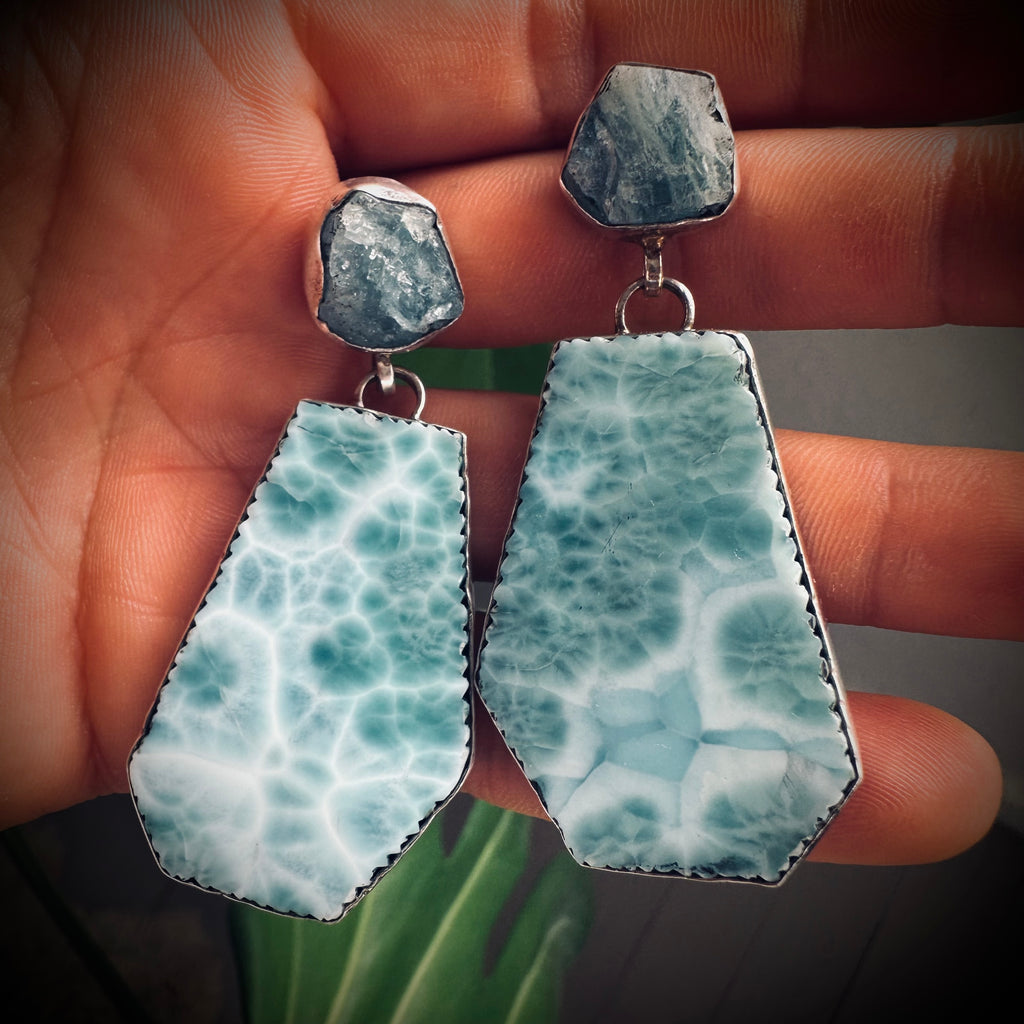 Vintage aquamarine and larimer statement earrings in sterling silver, 15g each