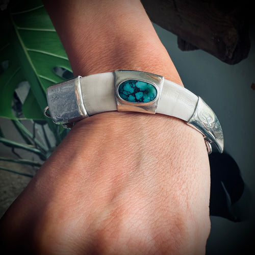 8” Sterling Silver reworked vintage boar tusk with turquoise on vintage chain bracelet