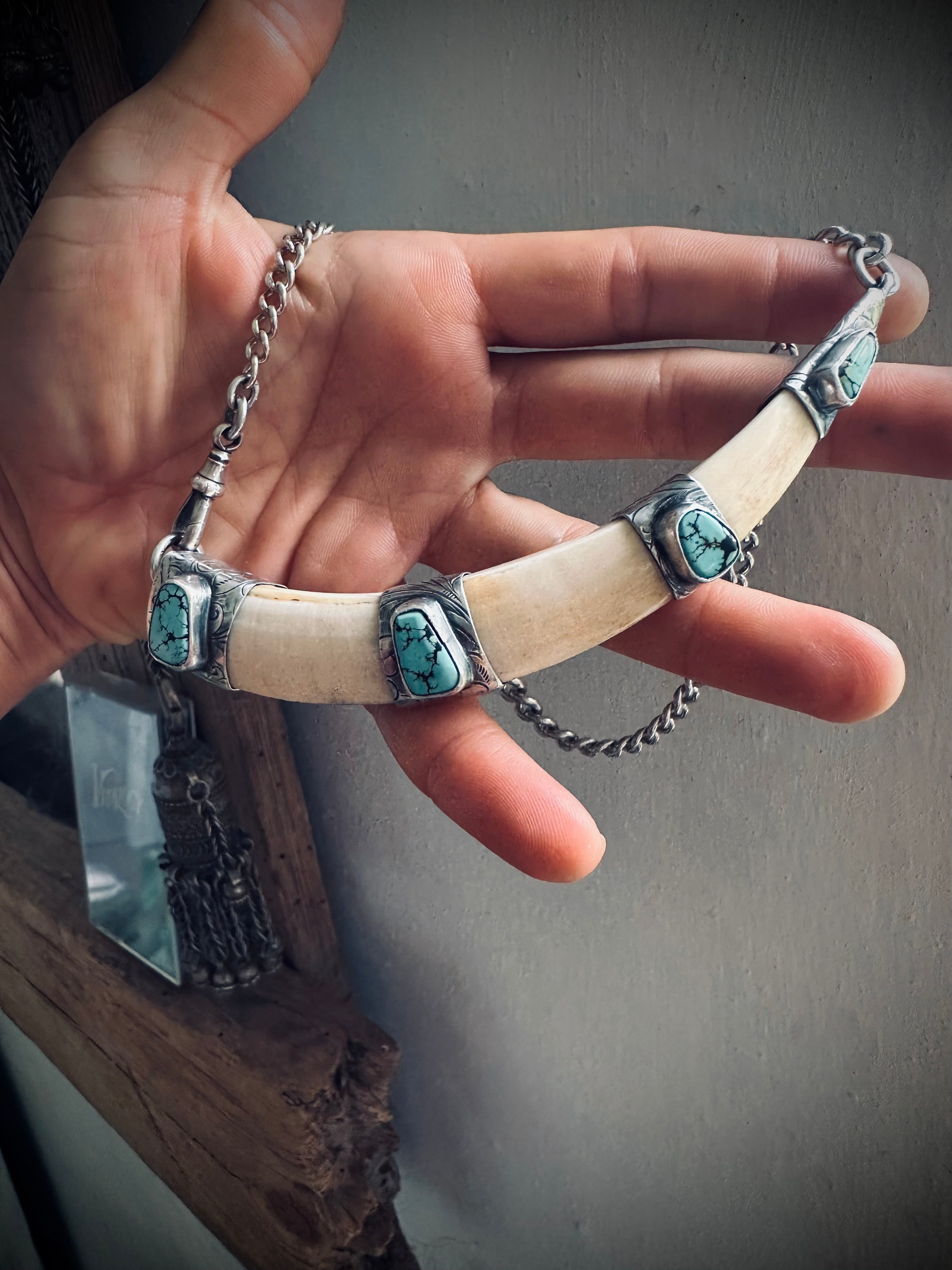 XL 5” reworked vintage tusk with turquoise in hallmarks sterling silver - 18” total length