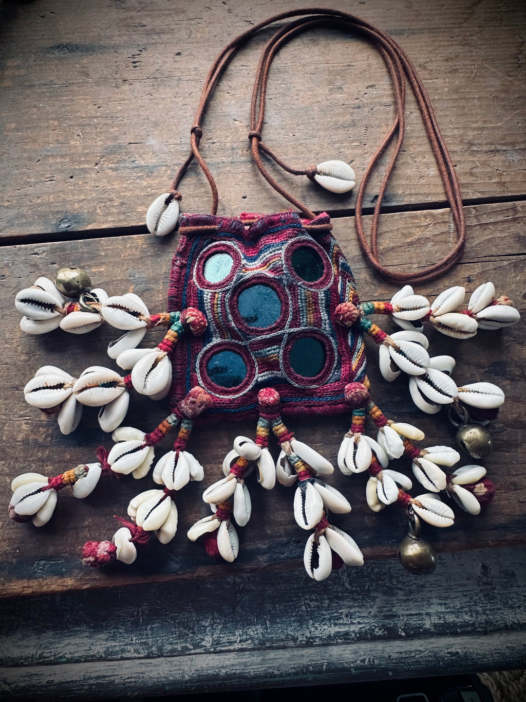3”x3” Beautiful banjara mini pouch/purse on adjustable string with cowries
