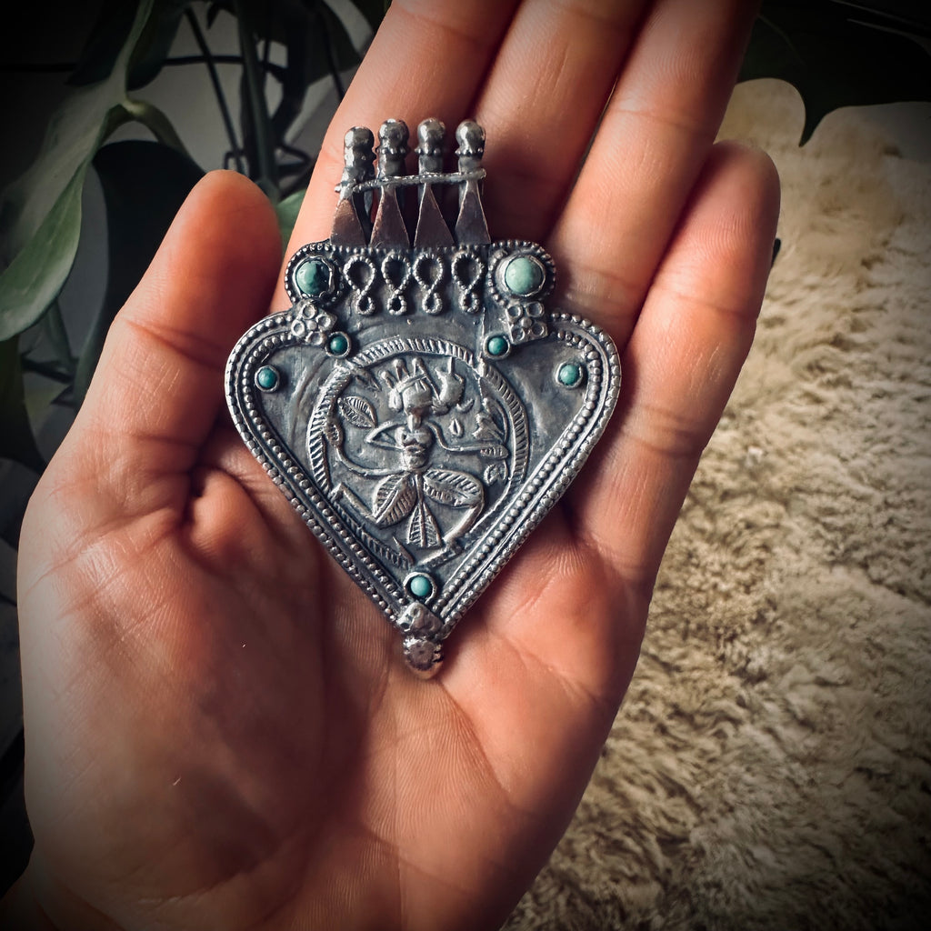 Large vintage Indian talisman pendant with turquoise in sterling silver