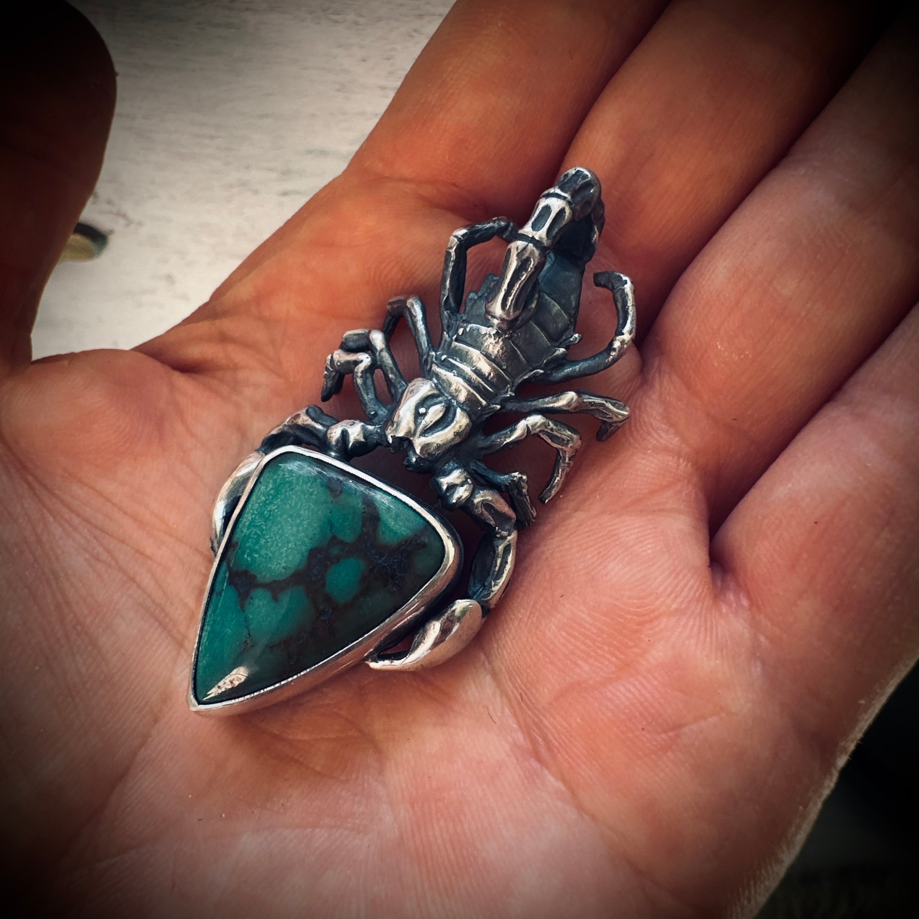Sterling silver hallmarked scorpion pendant with turquoise