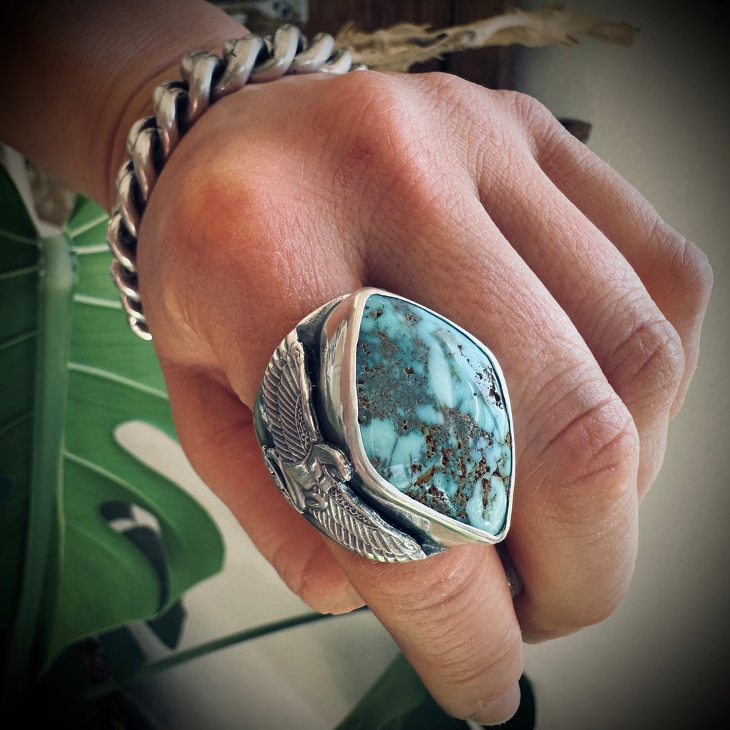 Size 8 (P 1/2) Sterling silver hallmarked turquoise winged Isis ring