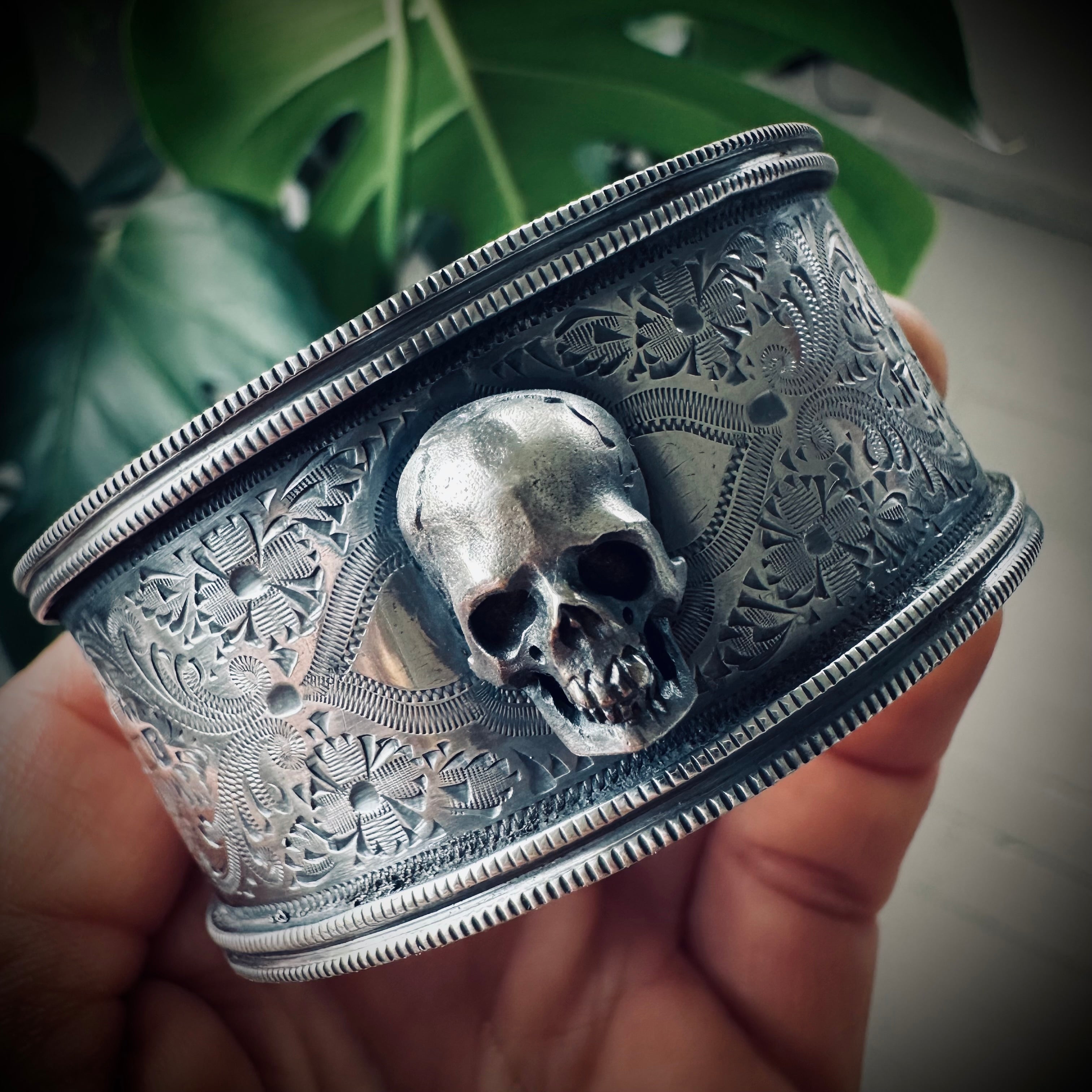 7” adjustable skull bracelet in hallmarked engraved sterling silver