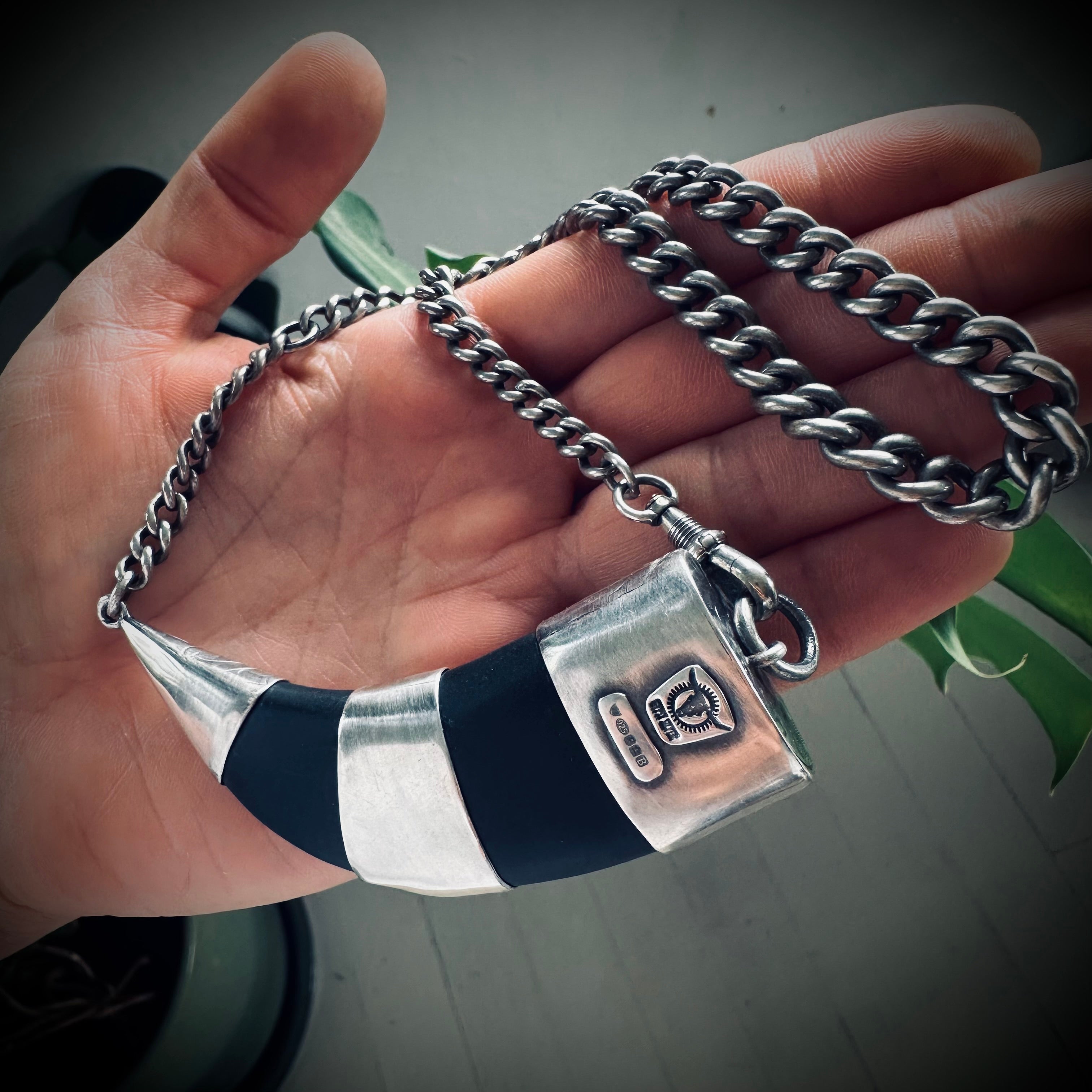20” onyx tusk necklace in hallmarked sterling silver with turquoise and vintage chain