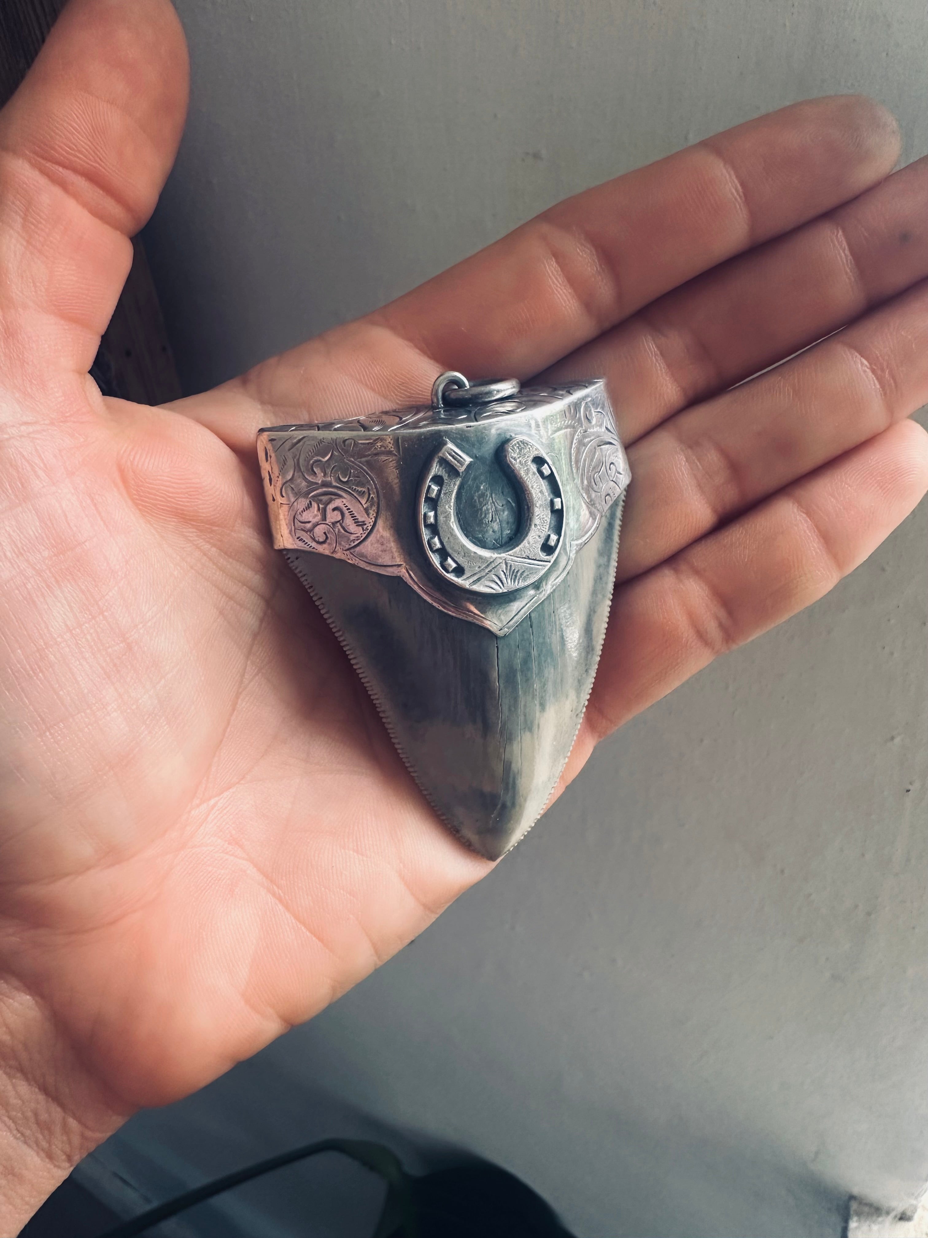 XL Fossilised shark tooth pendant in engraved hallmarked sterling silver