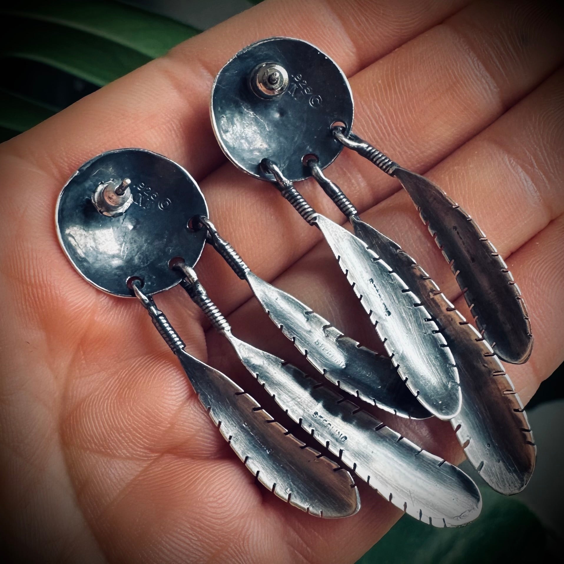 Vintage large statement feather earrings with turquoise in sterling silver