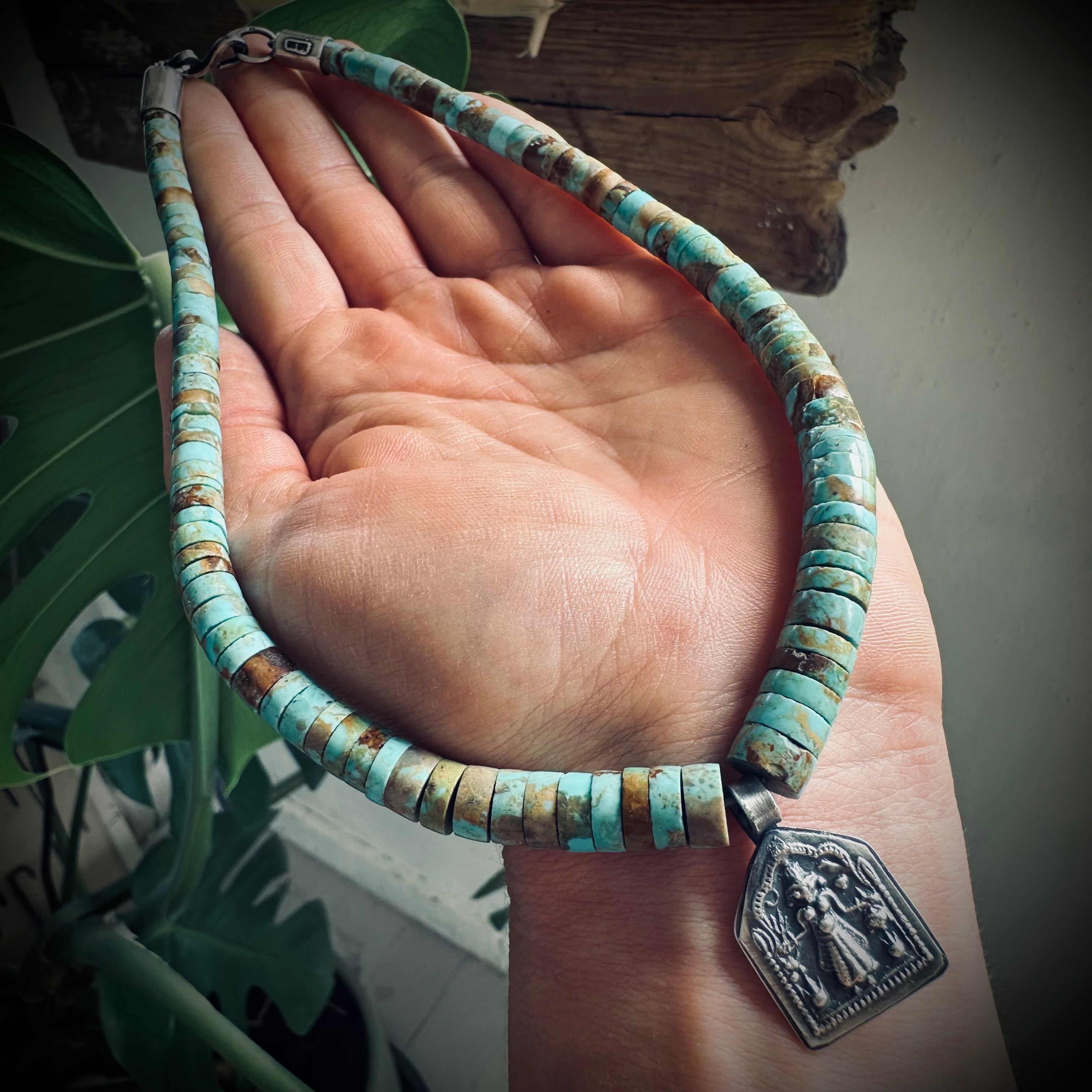 15” reworked chunky turquoise bead necklace with spiritual talisman in sterling silver