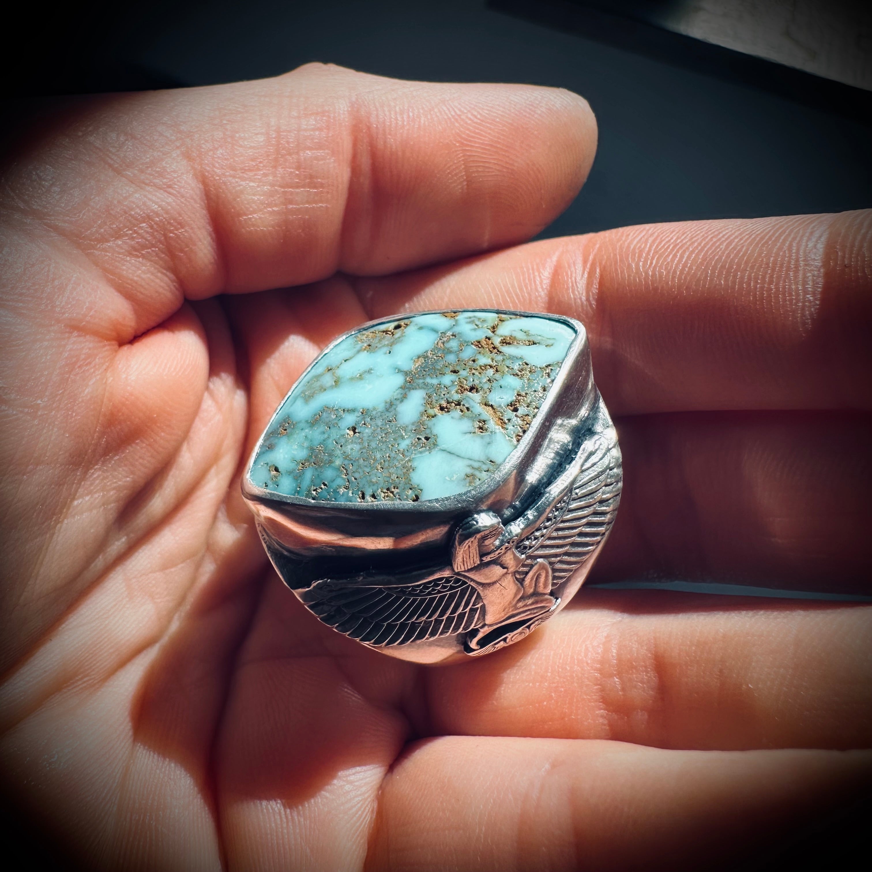 Size 8 (P 1/2) Sterling silver hallmarked turquoise winged Isis ring