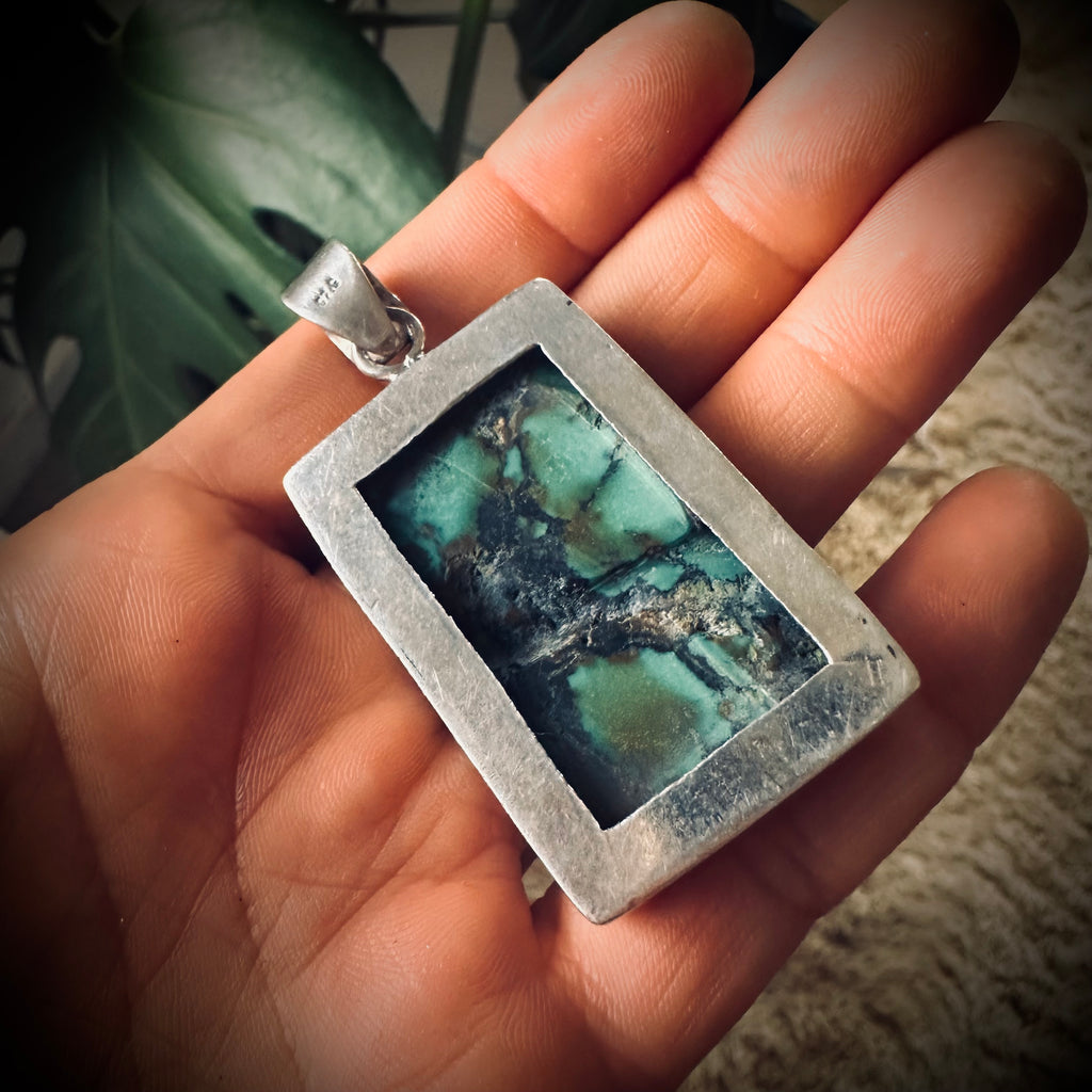 Big and heavy vintage turquoise pendant with chunky sterling silver setting