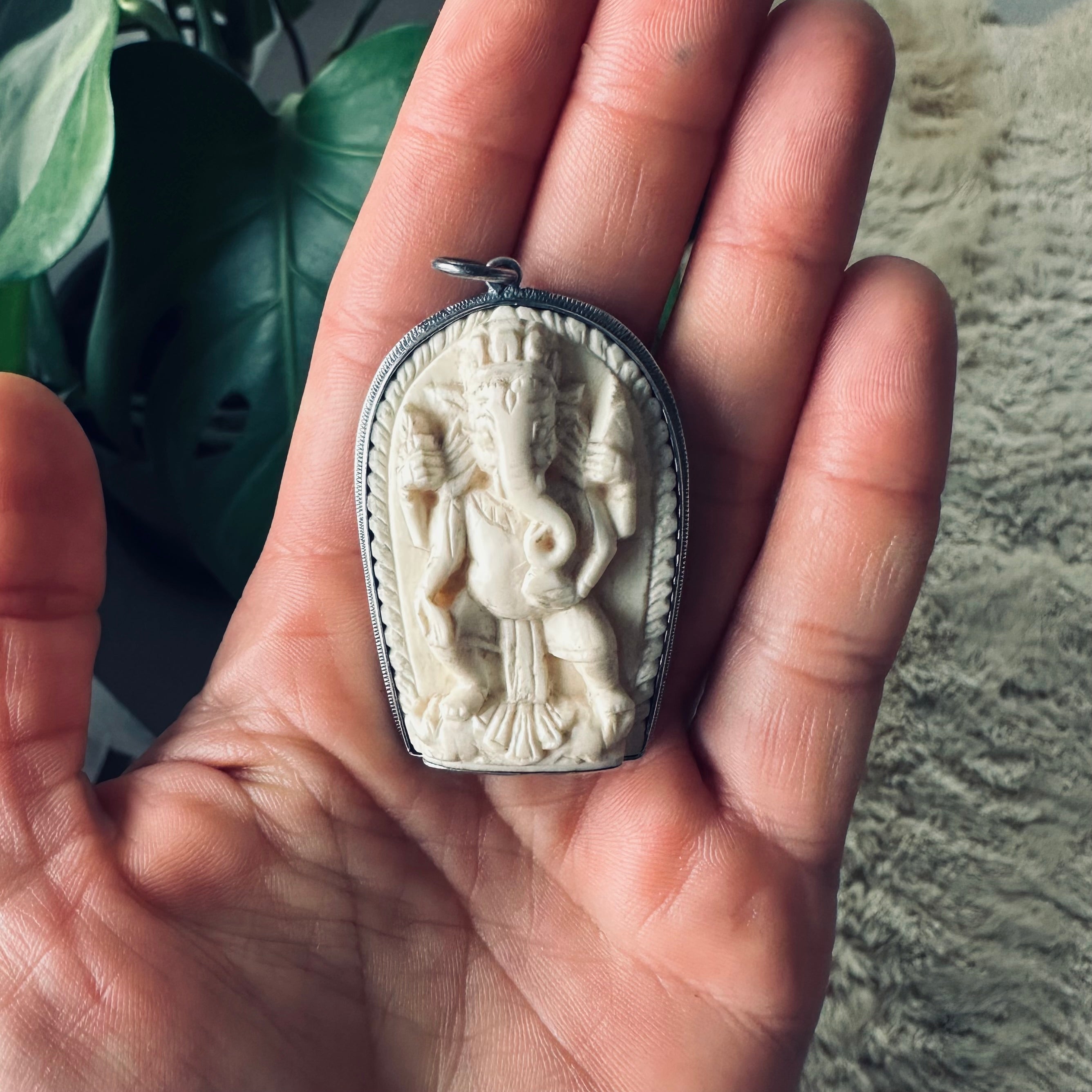 Reworked vintage carved bone Ganesha pendant in sterling silver ornate setting