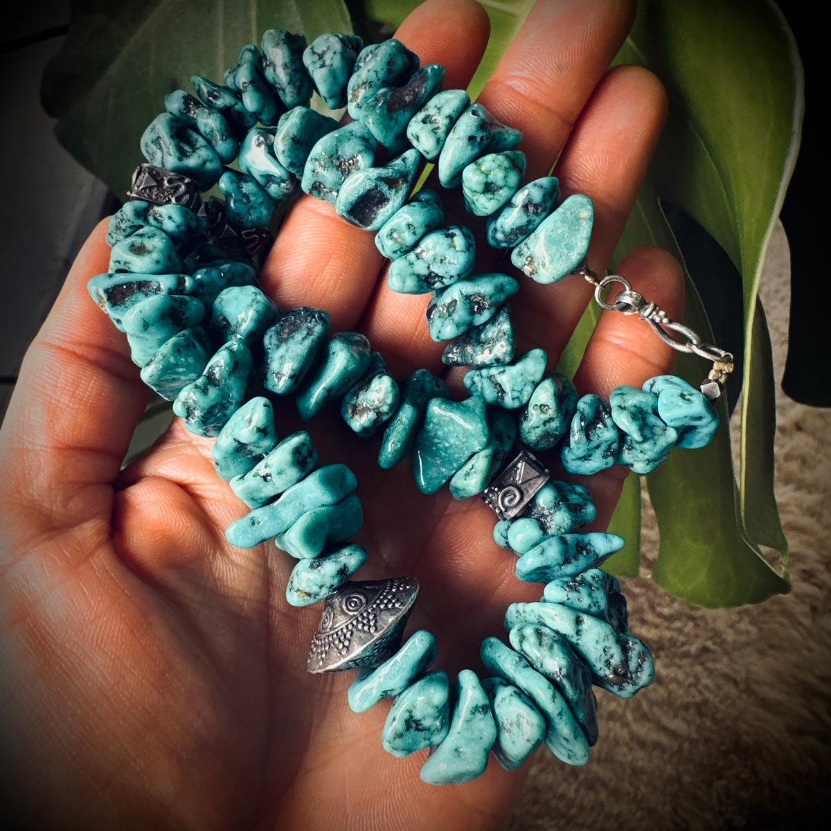 17.5” heavy Vintage nugget turquoise necklace with sterling silver accents