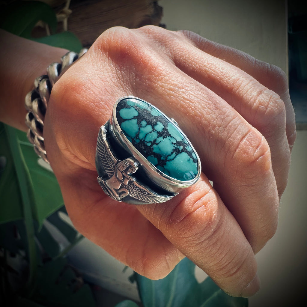 Size 8.5 (Q 1/2) Sterling silver hallmarked turquoise winged Isis ring