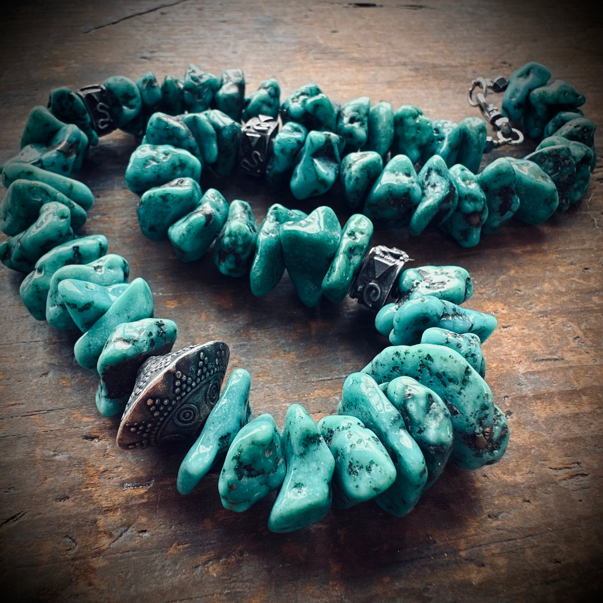 17.5” heavy Vintage nugget turquoise necklace with sterling silver accents
