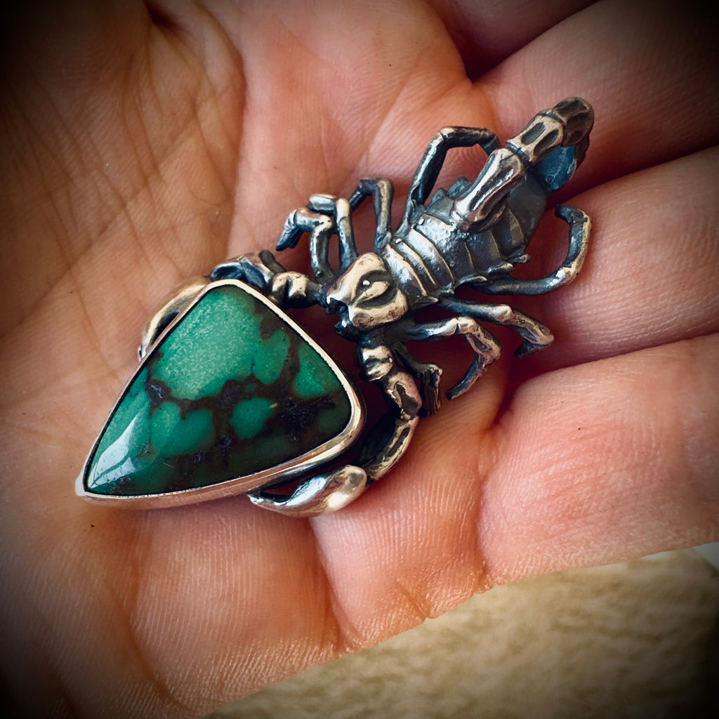 Sterling silver hallmarked scorpion pendant with turquoise