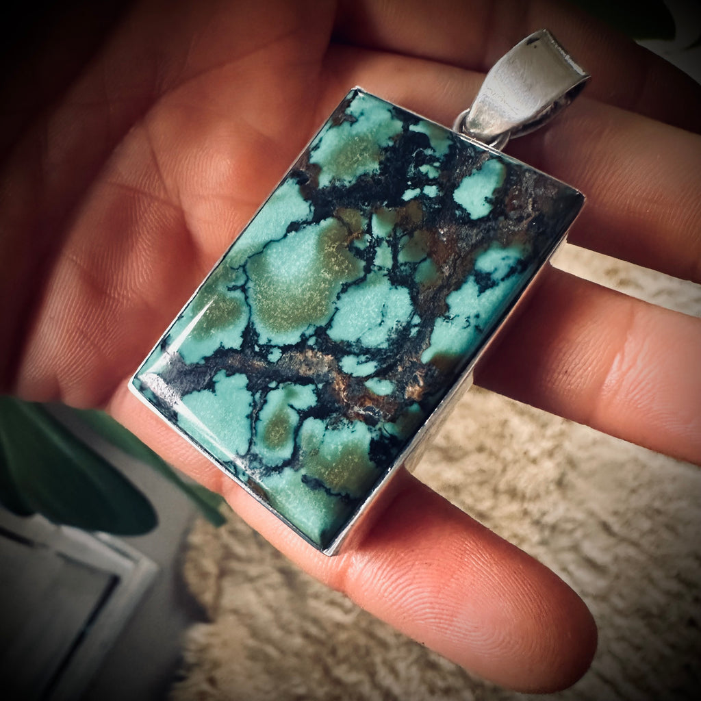 Big and heavy vintage turquoise pendant with chunky sterling silver setting