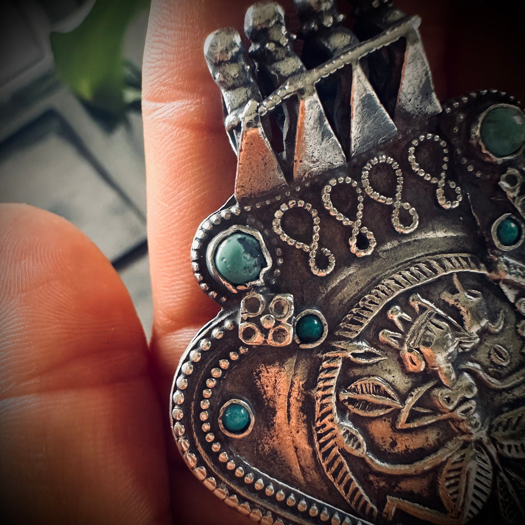 Large vintage Indian talisman pendant with turquoise in sterling silver