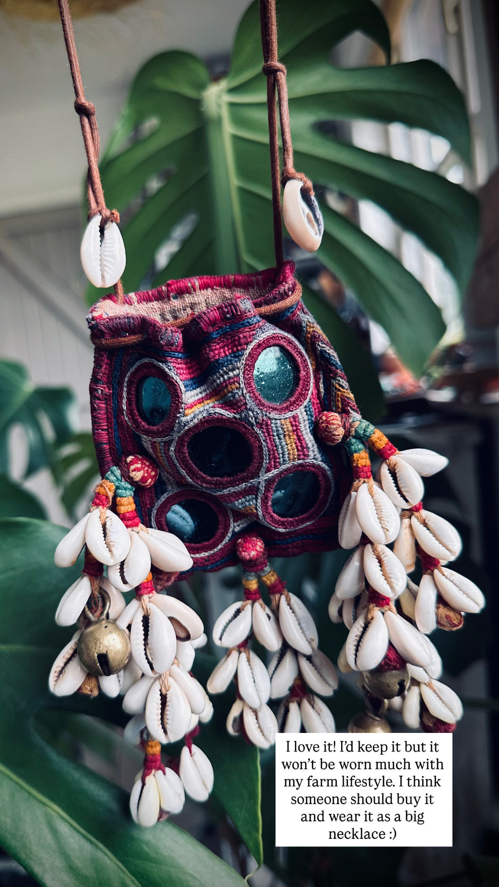 3”x3” Beautiful banjara mini pouch/purse on adjustable string with cowries