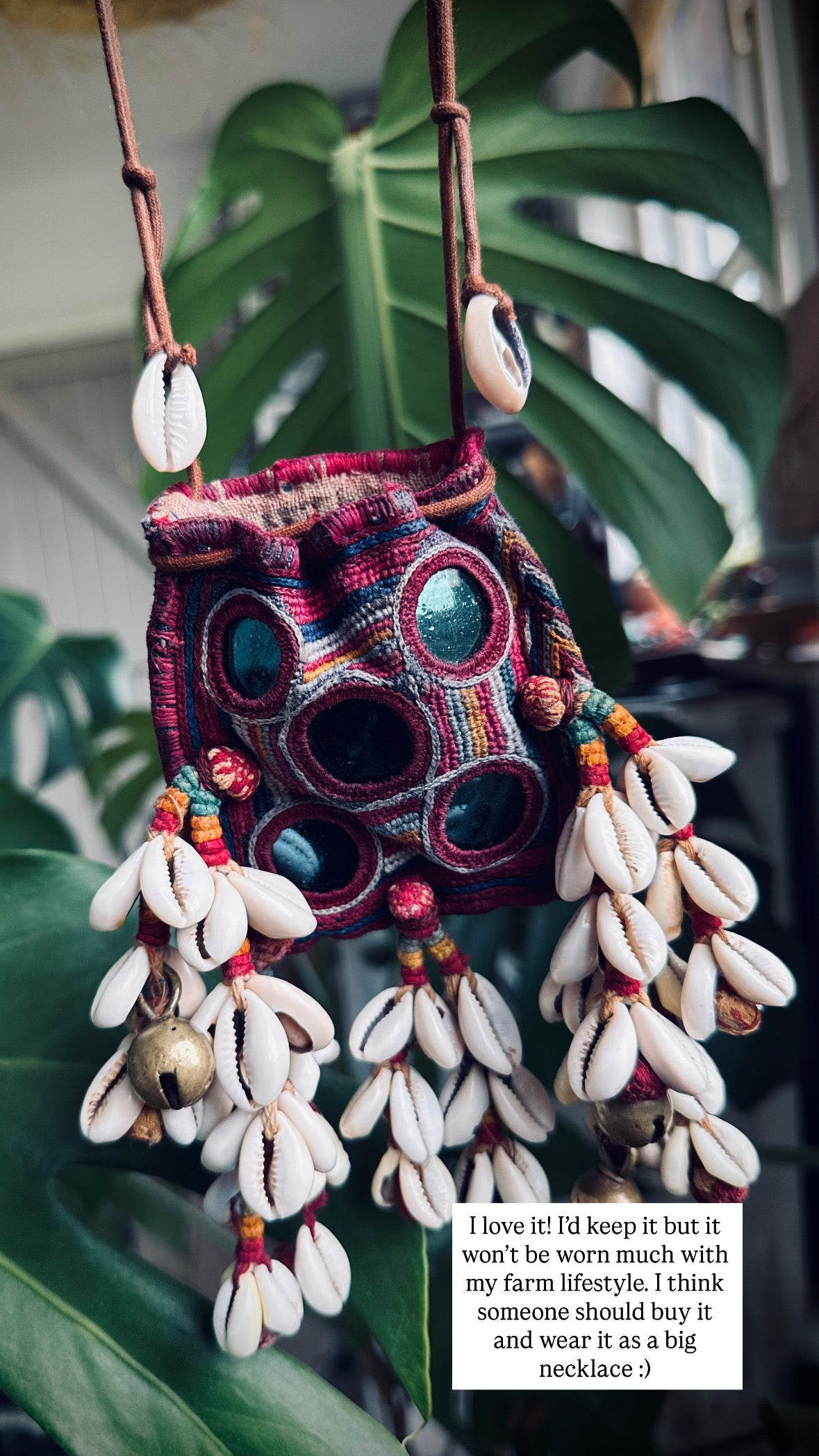 3”x3” Beautiful banjara mini pouch/purse on adjustable string with cowries