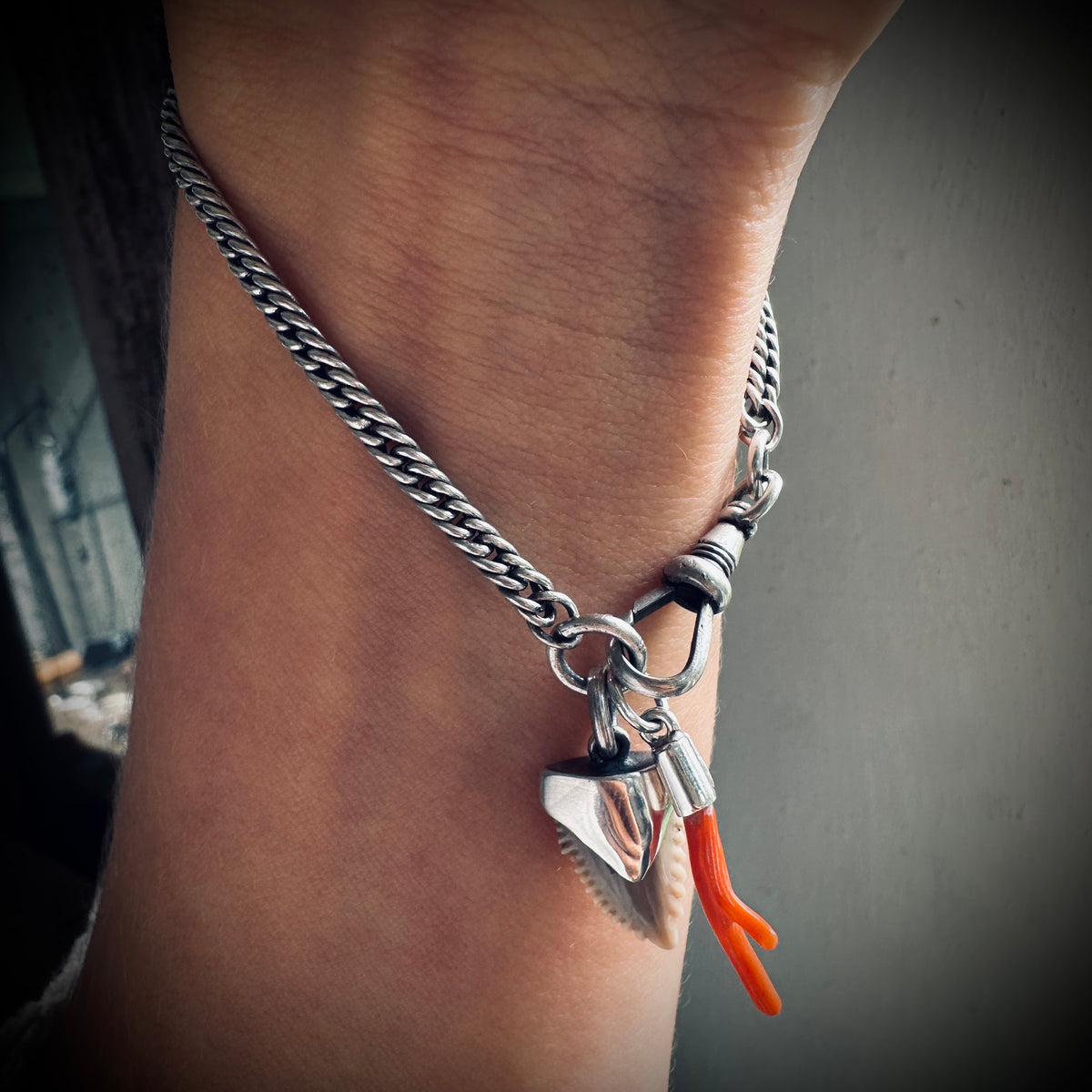 7” Antique sterling silver guard chain bracelet with Albert clip, fossil shark tooth and coral