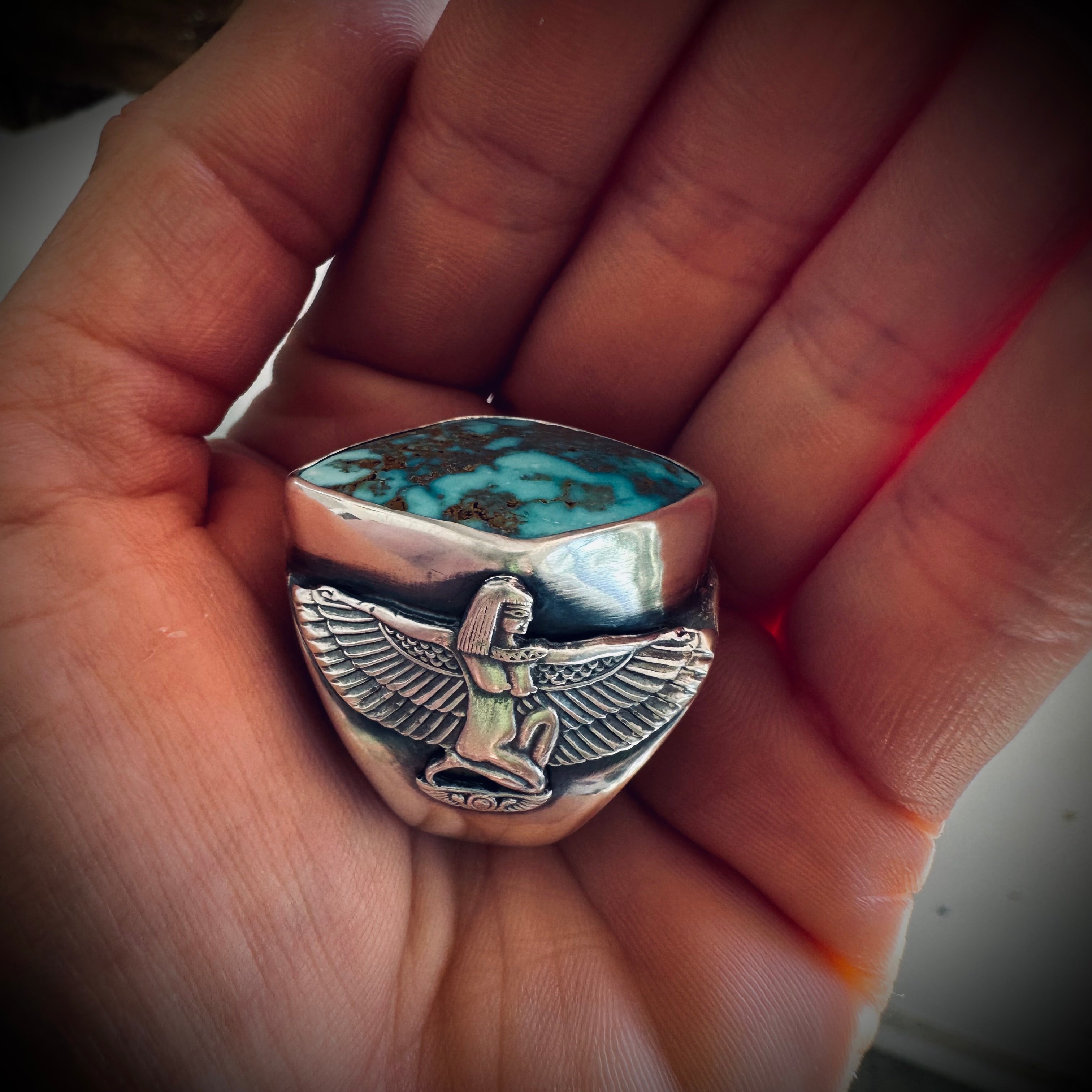 Size 8 (P 1/2) Sterling silver hallmarked turquoise winged Isis ring