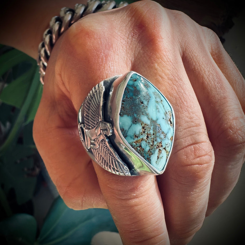 Size 8 (P 1/2) Sterling silver hallmarked turquoise winged Isis ring