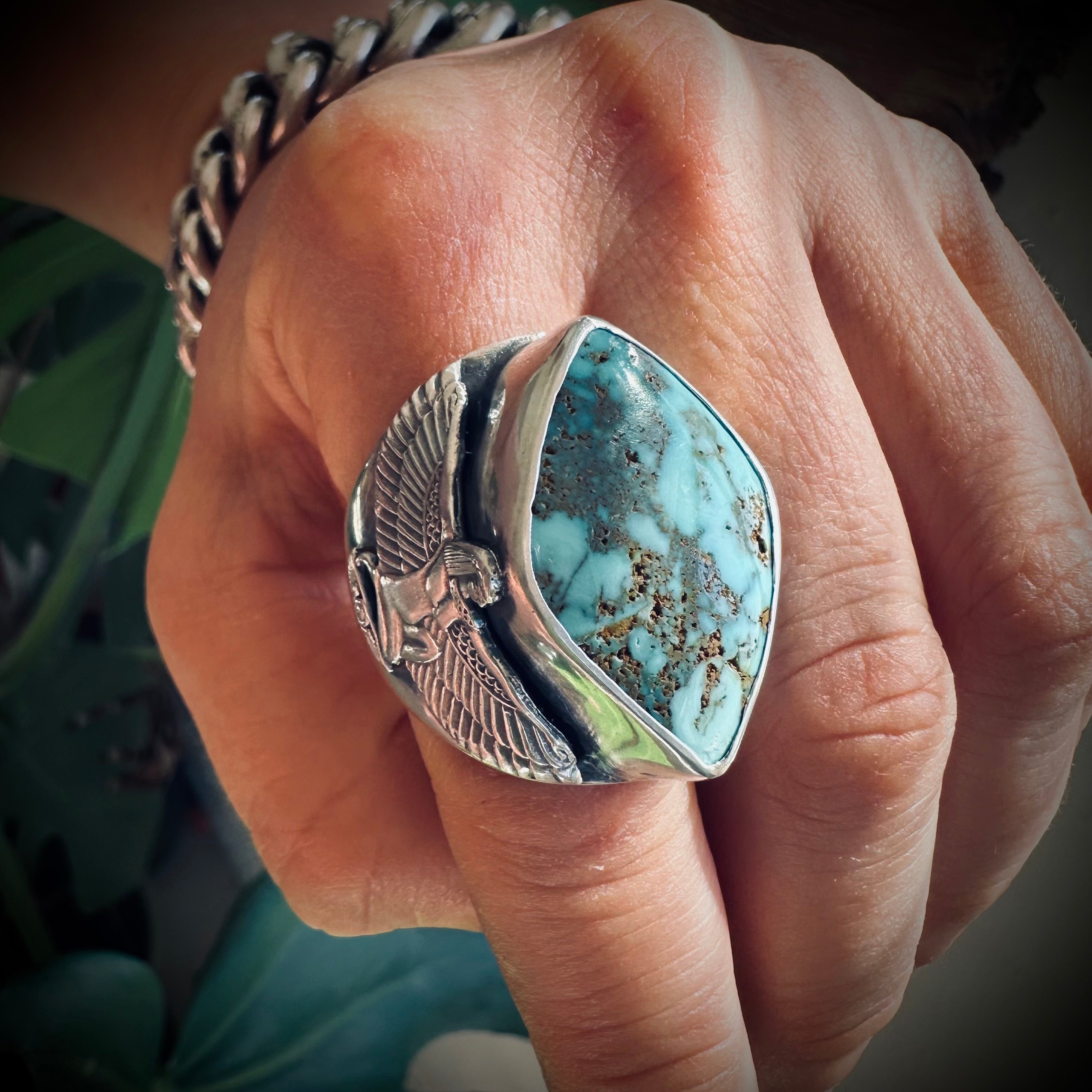 Size 8 (P 1/2) Sterling silver hallmarked turquoise winged Isis ring