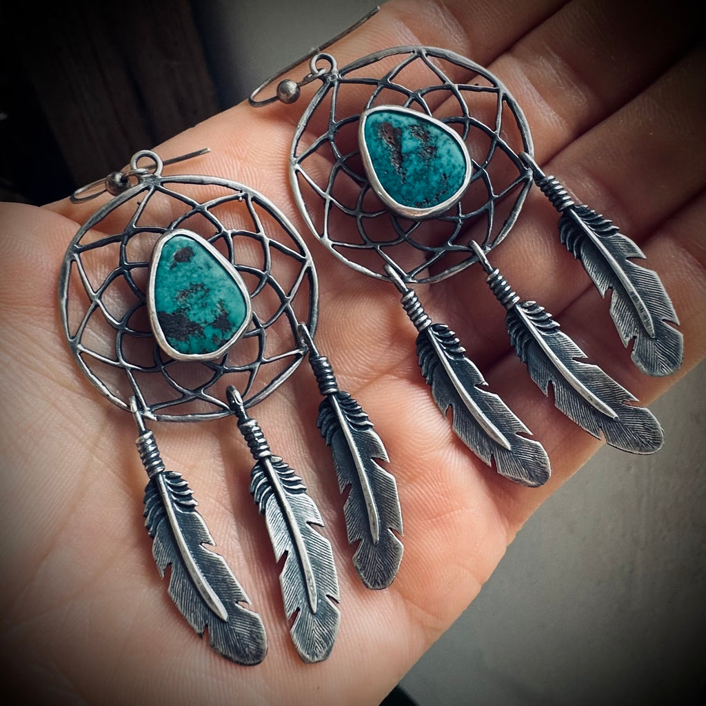 Vintage large statement dreamcatcher feather earrings with turquoise in sterling silver