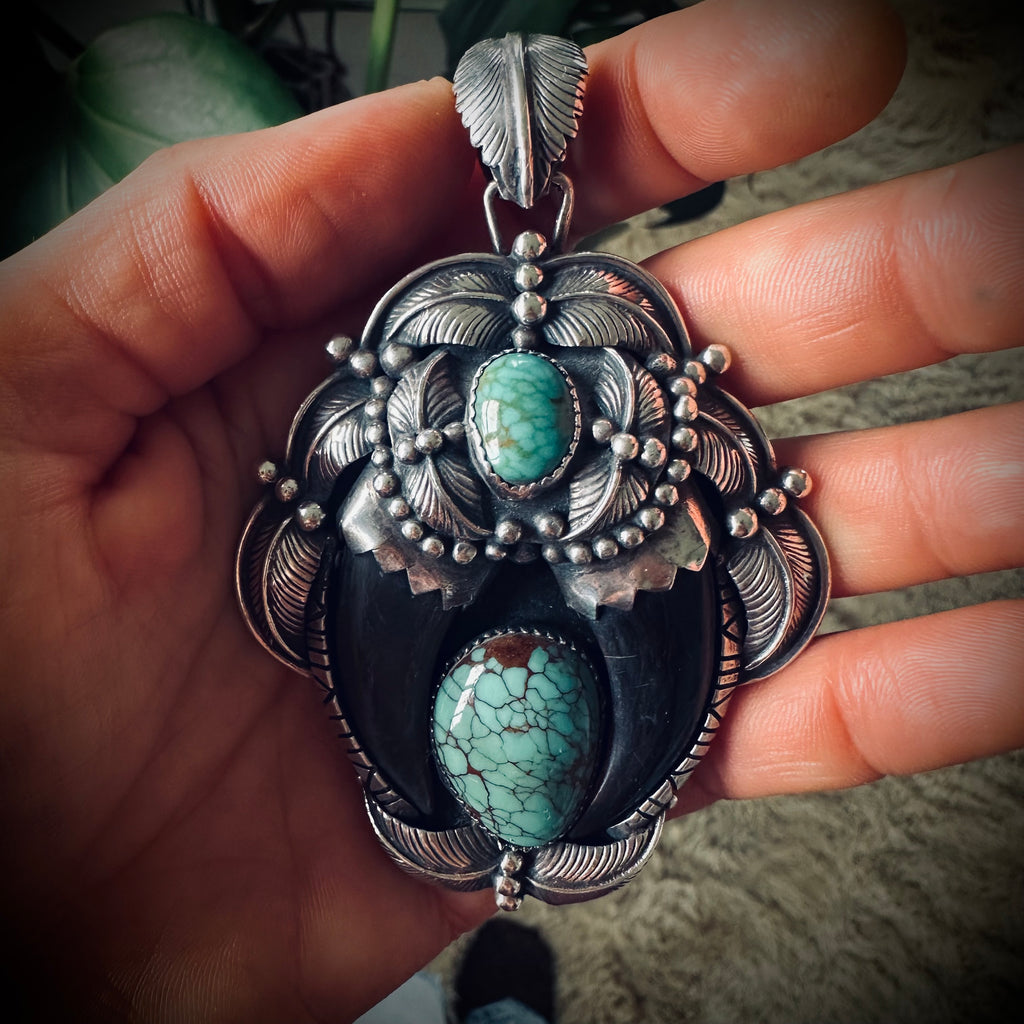 Huge Native American vintage double carved “claw” style pendant with turquoise and beautiful appliqué details in sterling silver