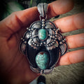 Huge Native American vintage double carved “claw” style pendant with turquoise and beautiful appliqué details in sterling silver