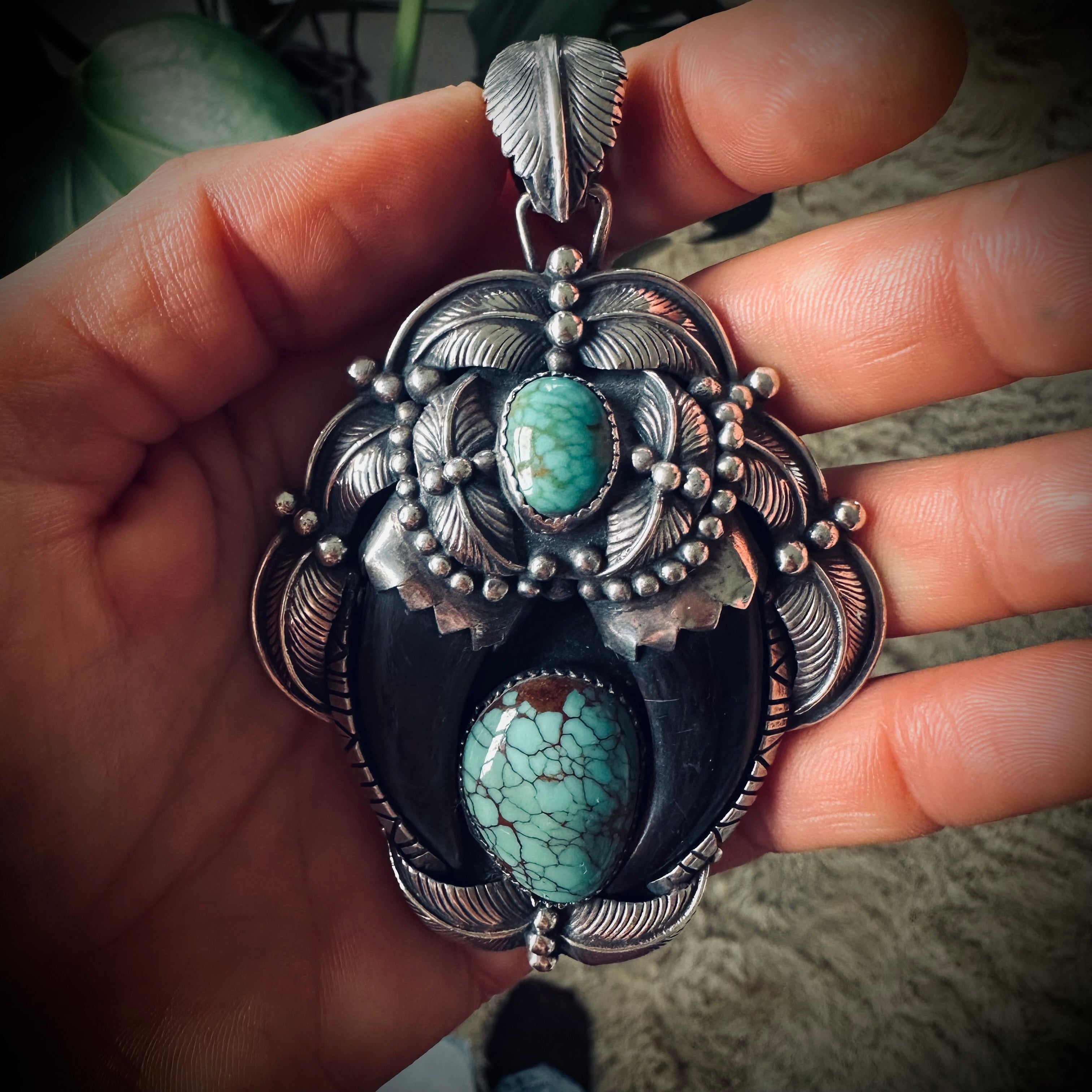 Huge Native American vintage double carved “claw” style pendant with turquoise and beautiful appliqué details in sterling silver