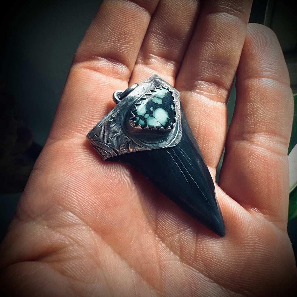 Sterling silver hallmarked fossilised shark tooth pendant with turquoise