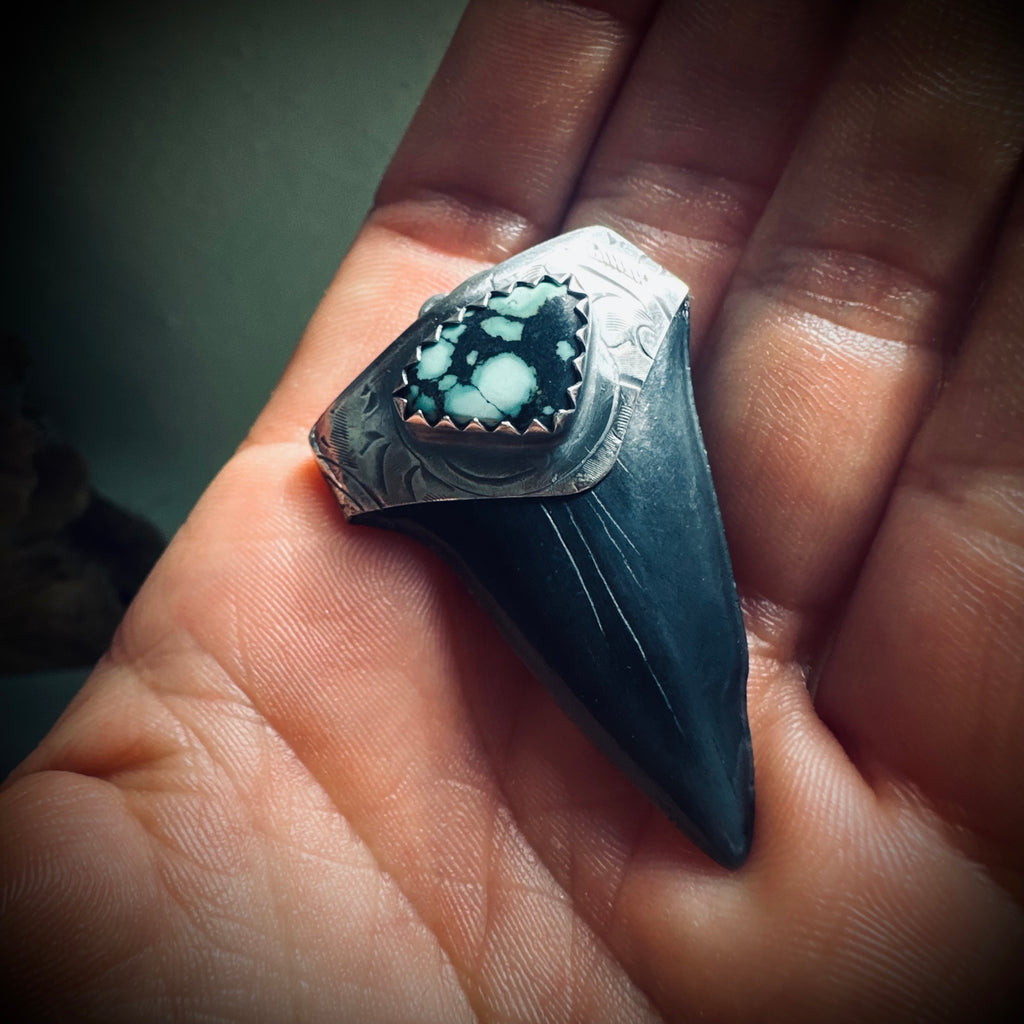 Sterling silver hallmarked fossilised shark tooth pendant with turquoise