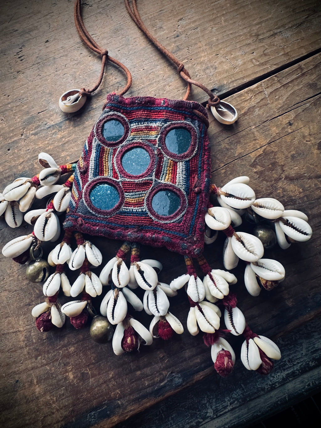3”x3” Beautiful banjara mini pouch/purse on adjustable string with cowries