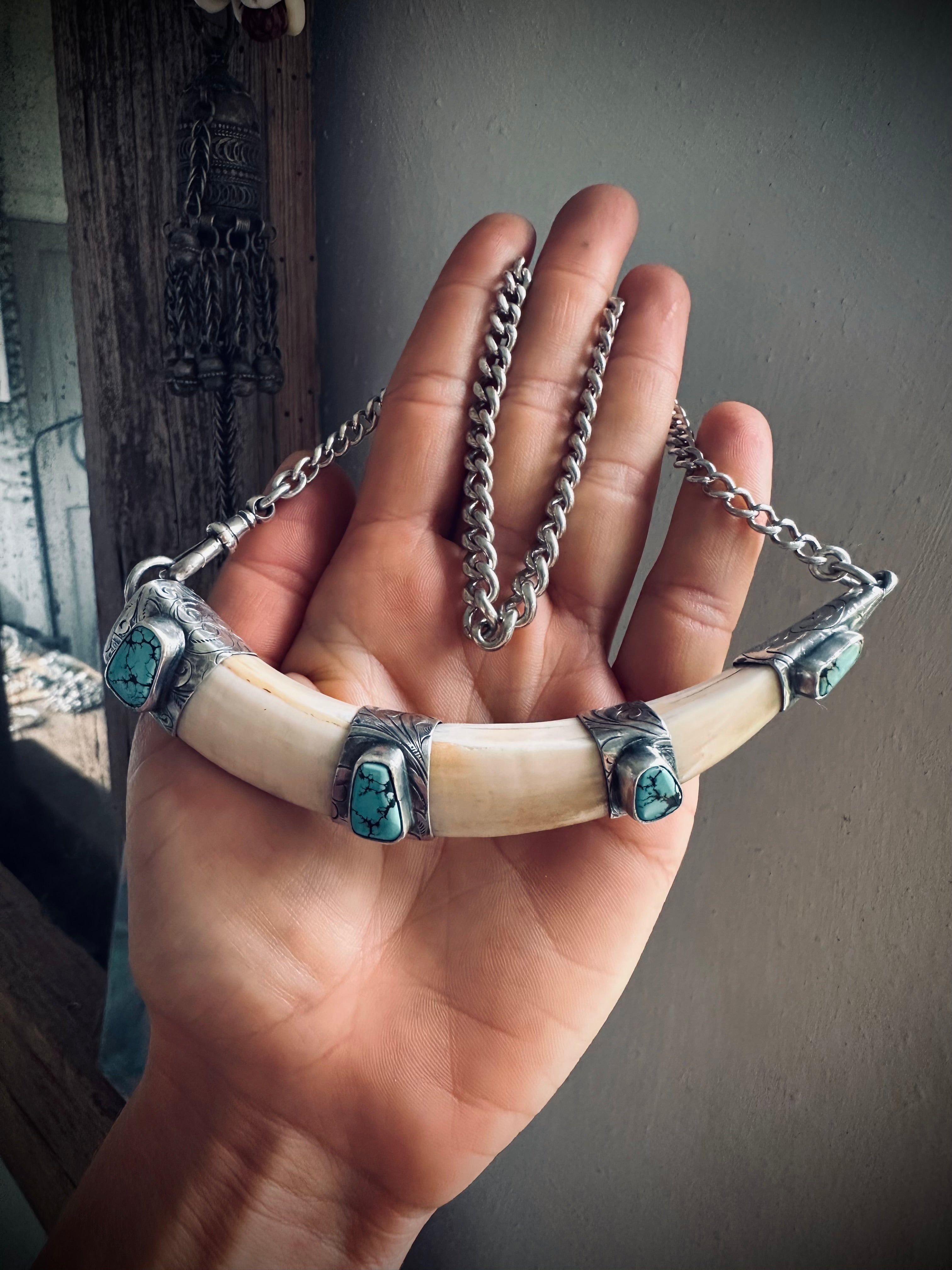 XL 5” reworked vintage tusk with turquoise in hallmarks sterling silver - 18” total length