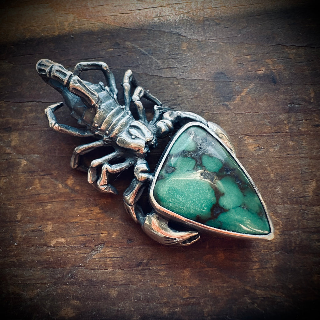 Sterling silver hallmarked scorpion pendant with turquoise