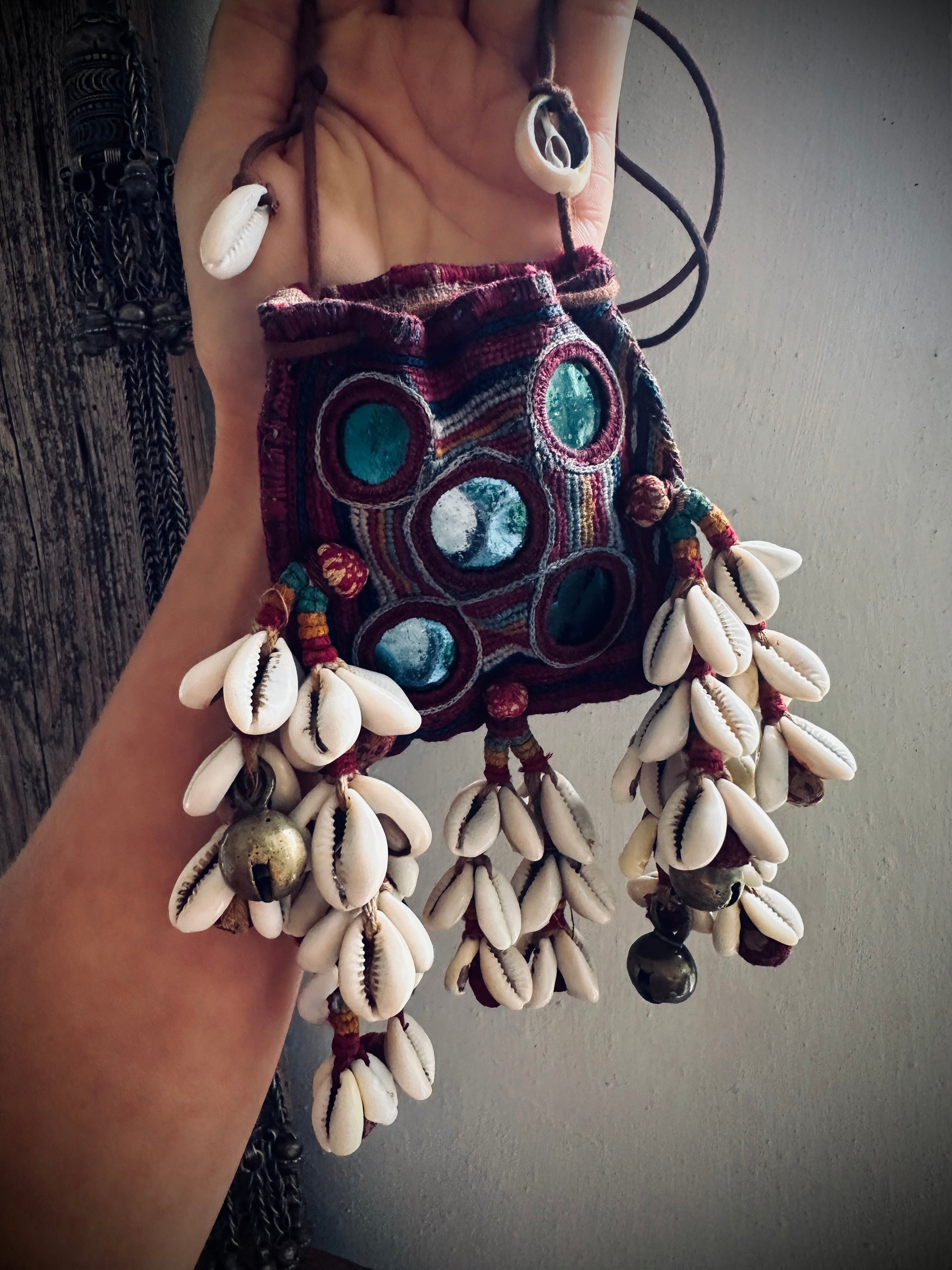 3”x3” Beautiful banjara mini pouch/purse on adjustable string with cowries