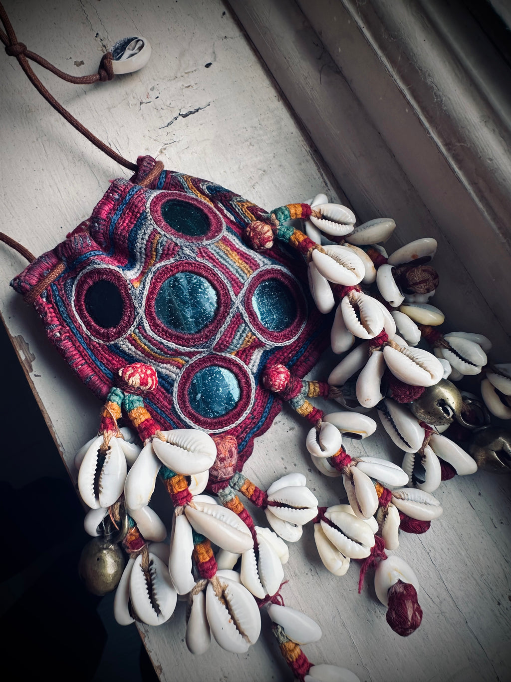 3”x3” Beautiful banjara mini pouch/purse on adjustable string with cowries
